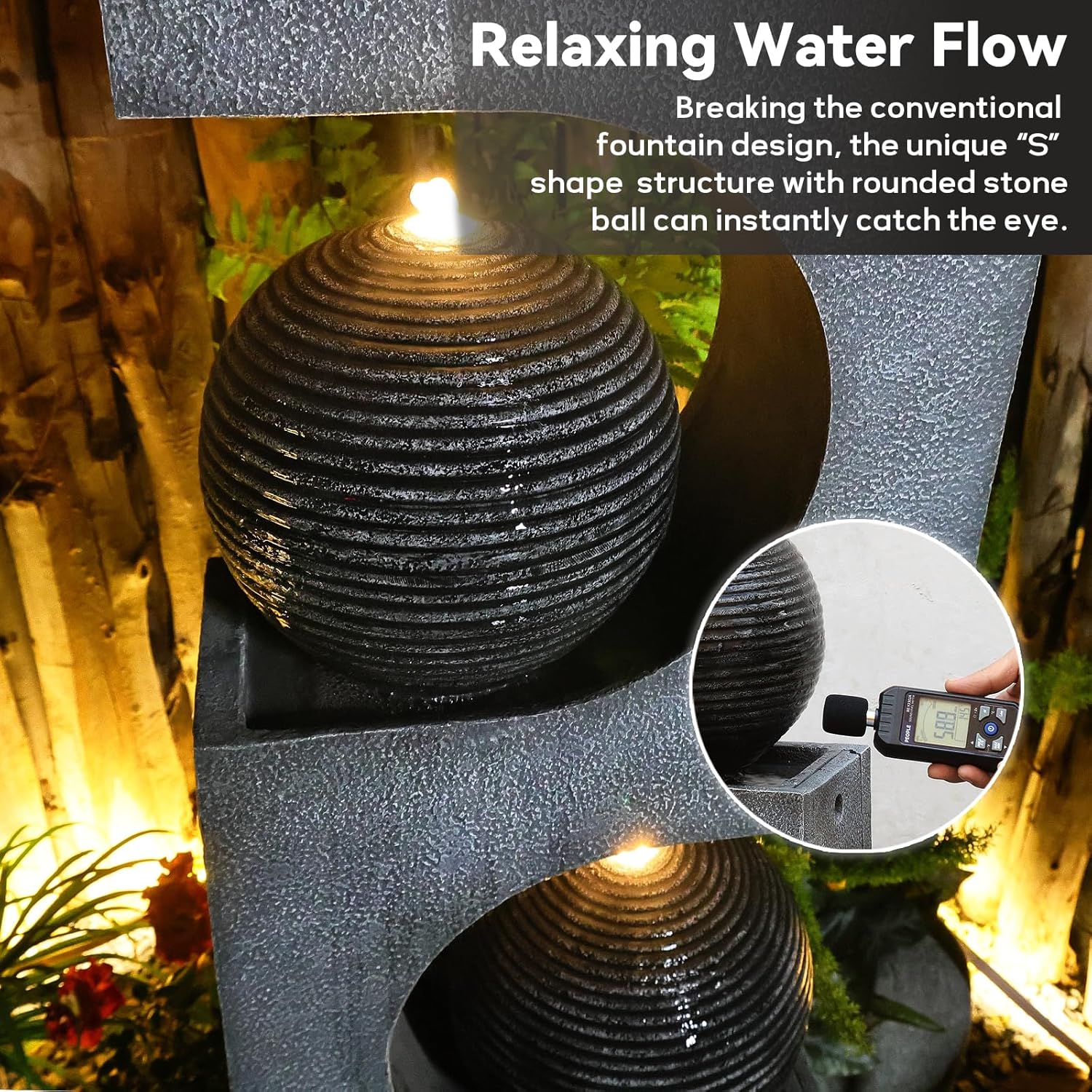 46''H Outdoor Water Fountain with LED Light, Modern Sphere Floor Waterfalls Fountains Indoor for Garden Patio Yard Deck Home Decor Lawn Porch House