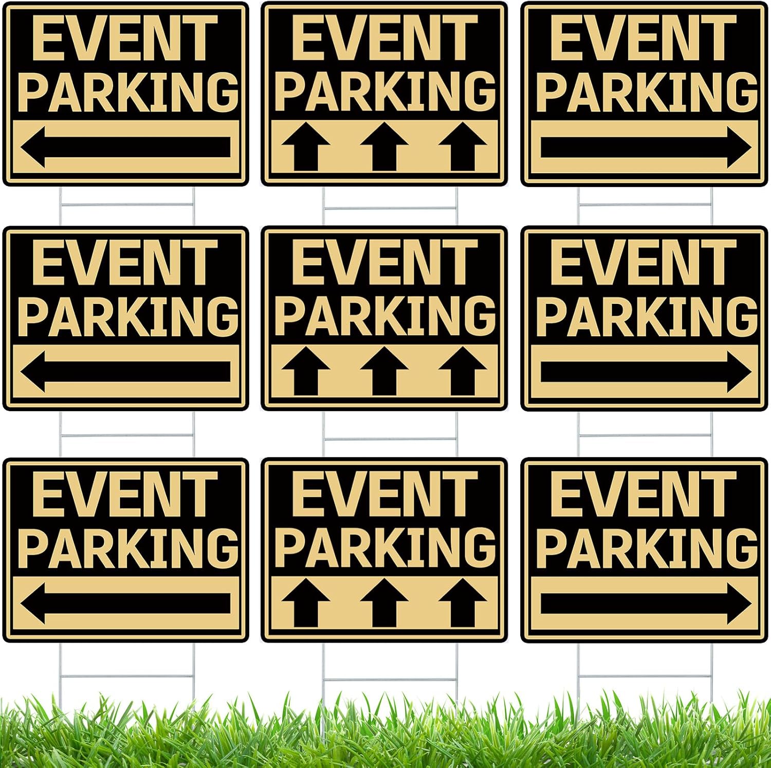 Juexica 9 Pieces 16 x 12 Inches Outdoor Event Parking Signs with Arrow Corrugated Plastic Yard Double Sided Event Signs Outdoor Directional Guest Parking(Black and Gold)