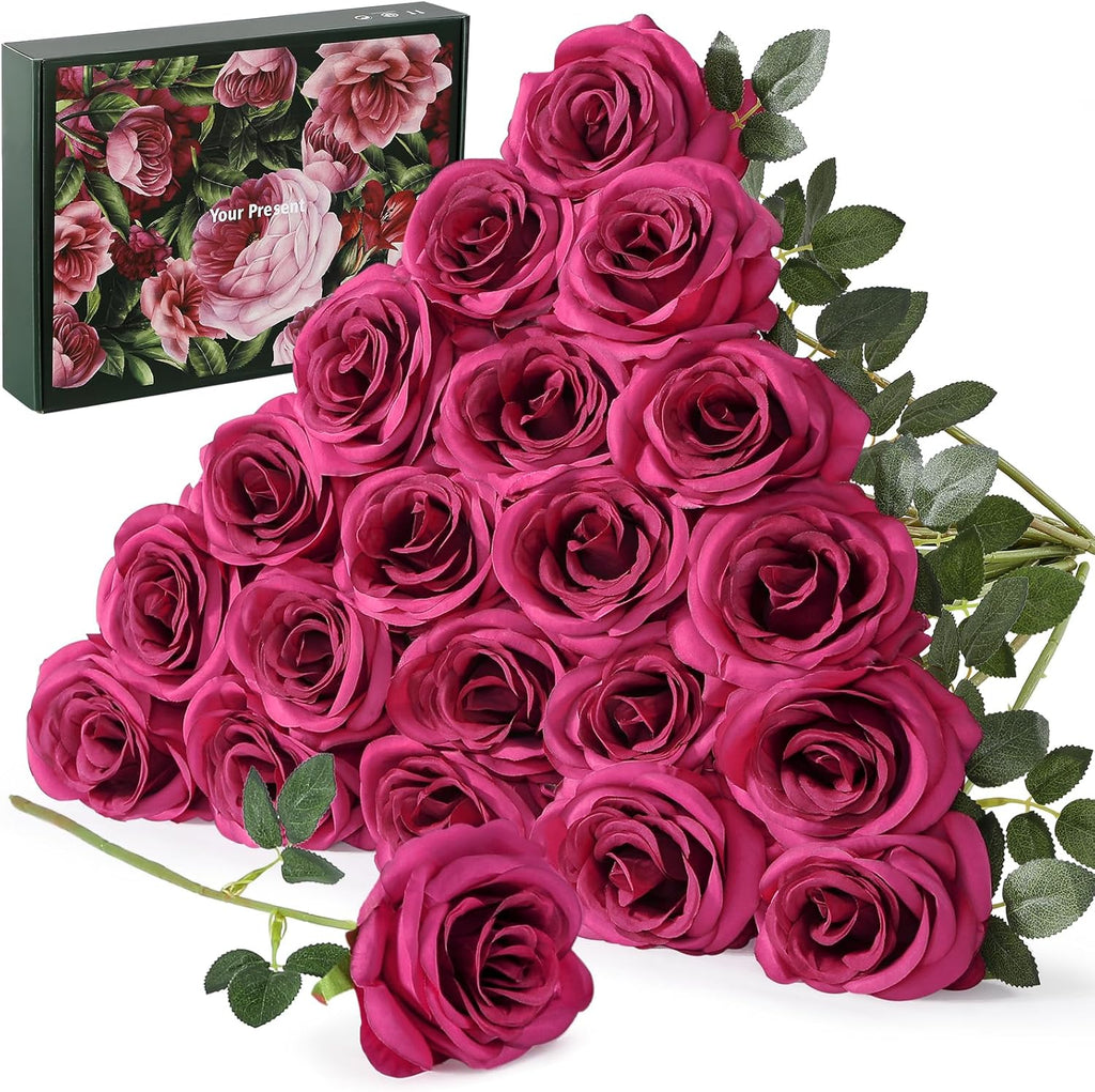 20PCS Artificial Roses Flowers, 3.9'' Silk Flower Head Fake Fuchsia Rose with Long Stems, Realistic Faux Roses Bouquet for DIY Wedding Home Party Office Decoration