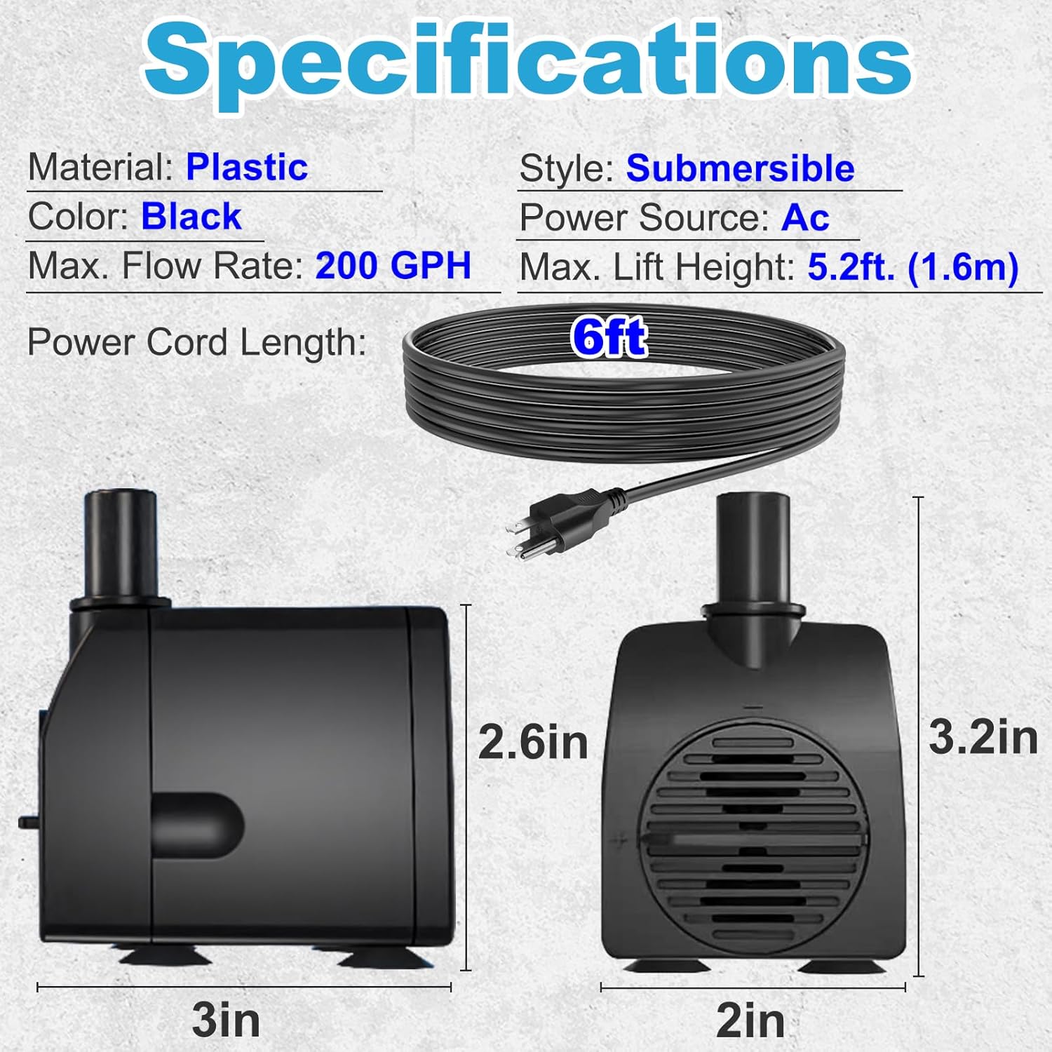 Submersible Pump 200GPH Ultra Quiet with Over Heating Protection 5.2ft High Lift for Fountains, Hydroponics, Ponds, Aquariums & More…