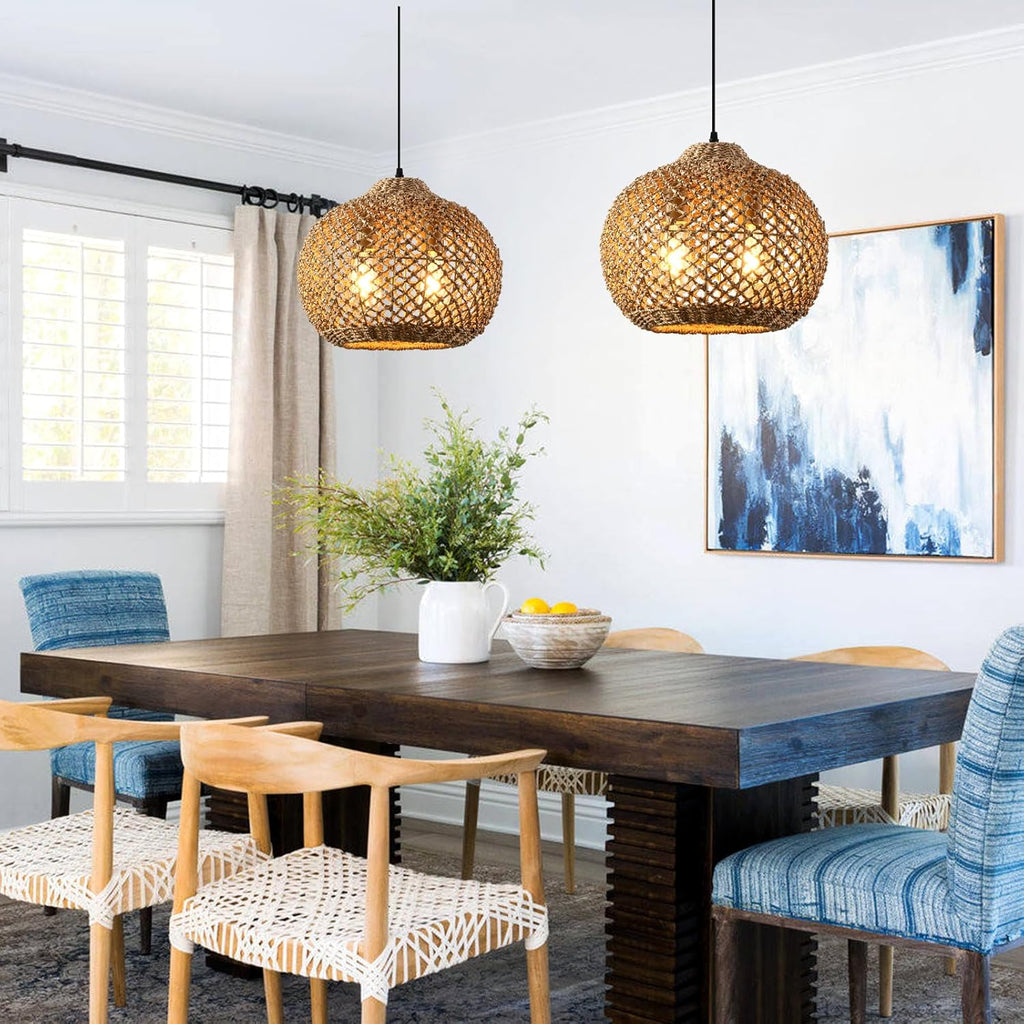 13.79" Rattan Pendant Light, Boho Handmade 2-Light Wicker Chandelier, for Kitchen Island, Bedroom, Dining Room, Entryway, Foyer