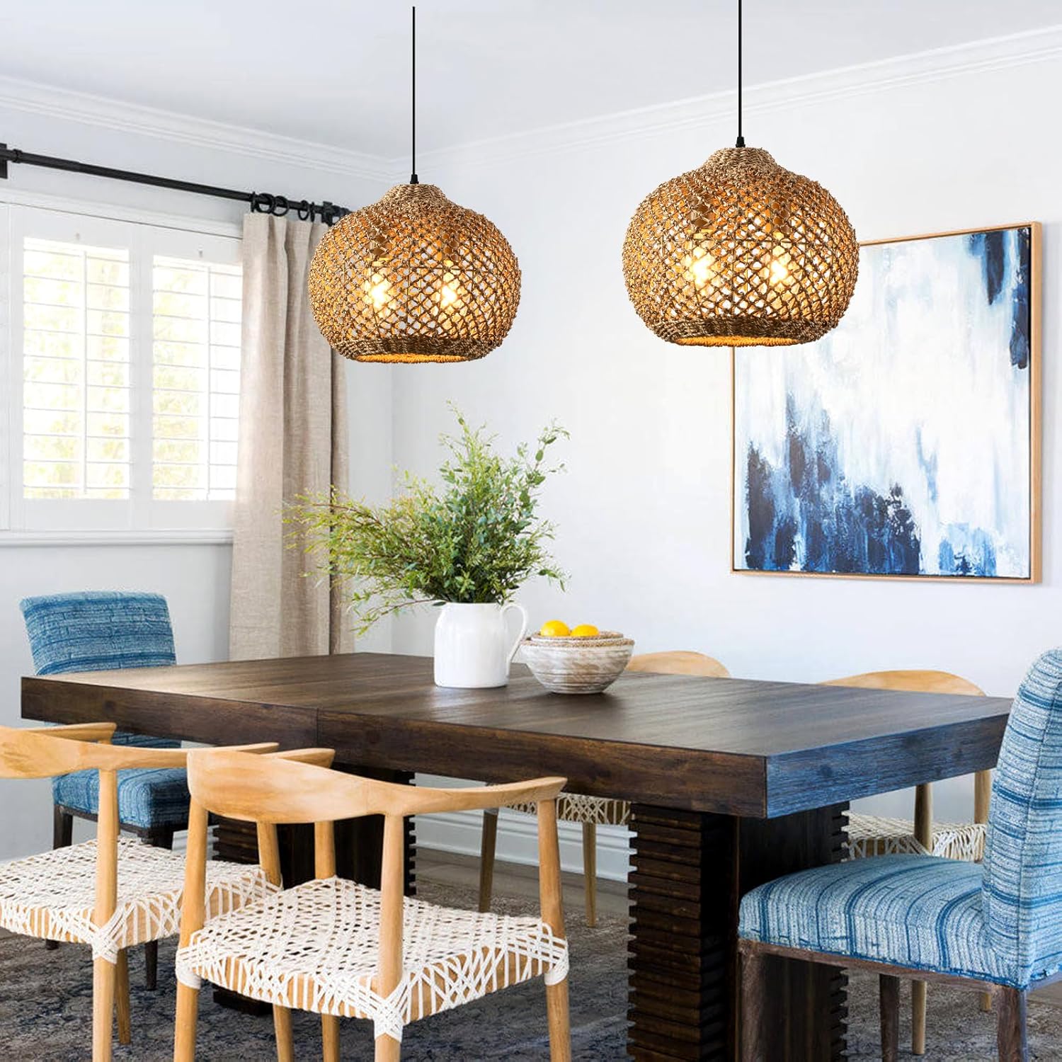 13.79" Rattan Pendant Light, Boho Handmade 2-Light Wicker Chandelier, for Kitchen Island, Bedroom, Dining Room, Entryway, Foyer