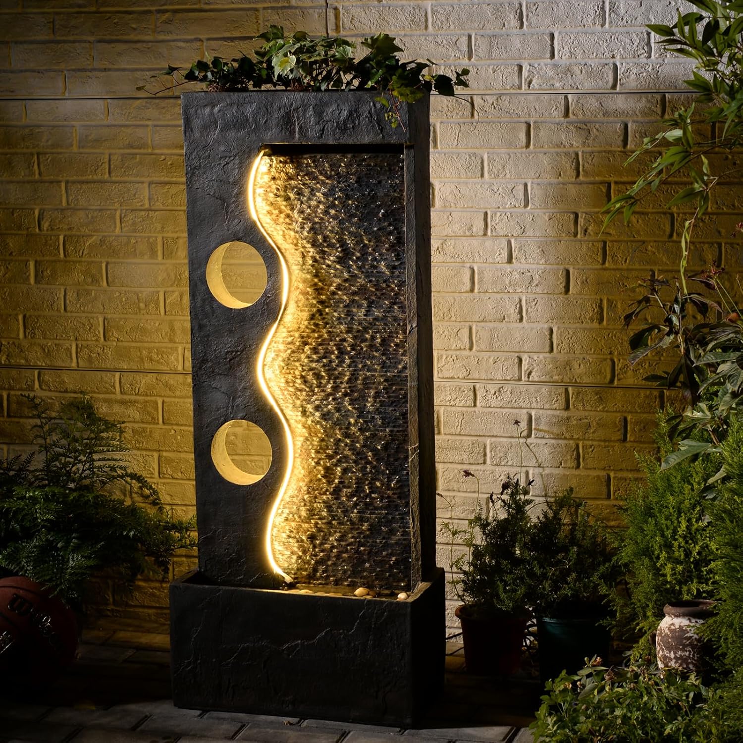 46.8" H Water Fountain Outdoor Water Fall Fountains Indoor Waterfall Modern Fountain with LED Lights Floor-Standing for Outside Garden, Patio, Backyard, Deck, Porch, Landscaping, Balconies