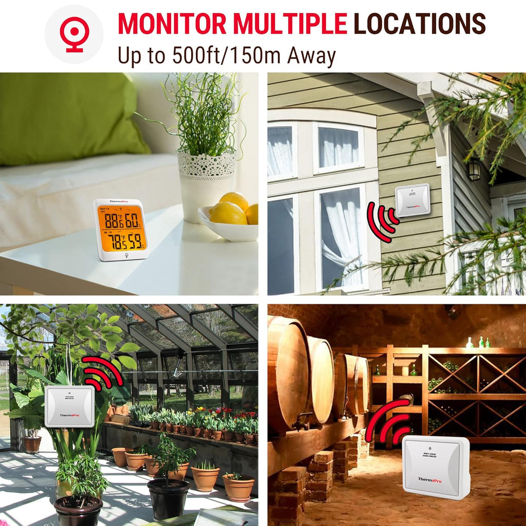 ThermoPro Indoor Outdoor Thermometer Wireless Hygrometer, 500FT Inside Outside Thermometer, Remote Temperature Monitor with Cold-Resistant Sensor, Outdoor Thermometers for Patio Home Greenhouse