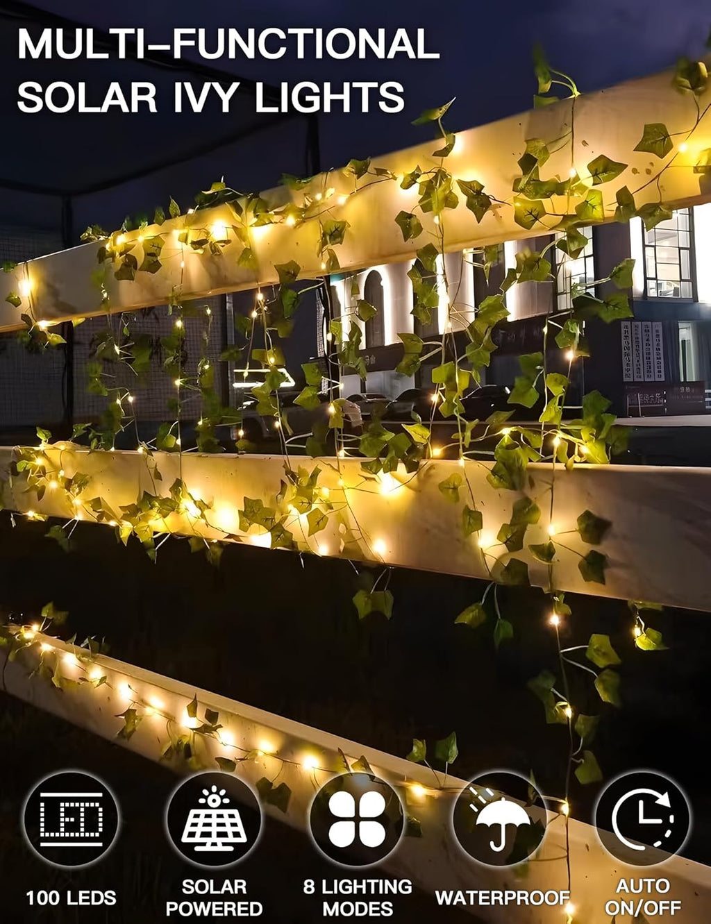 suddus Solar Fairy Lights with Vine, 33ft 100 Led Ivy Solar String Light Outdoor Waterproof, 8 Modes Leaf Lights for Balcony, Yard, Patio, Garden, Fence (Warm White)