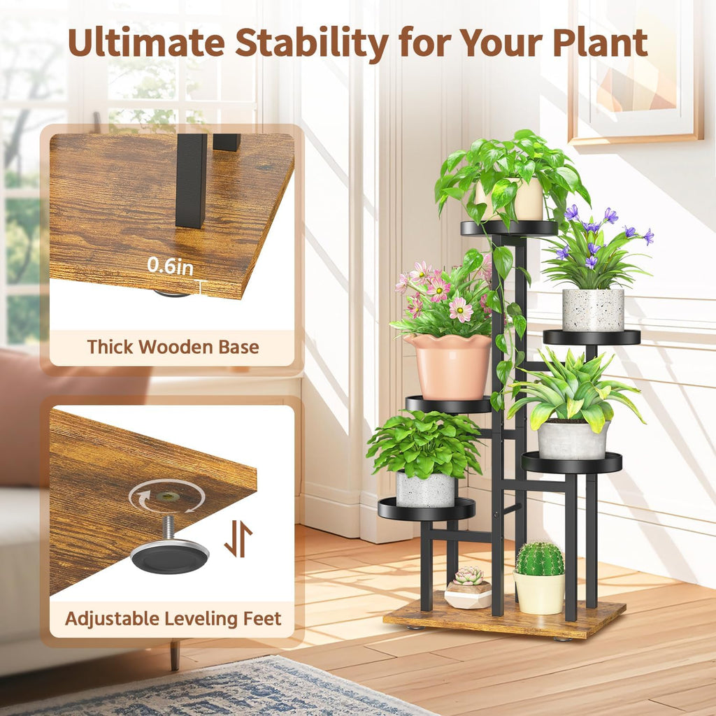 LASZOLA Black 5 Tier Plant Stand Indoor Heavy Duty Rack for Modern House Planter, Metal and Wooden Vertical Organizer Decor Narrow Bathroom Floor, Sturdy Multi Level Flower Holder Raised, Cat Proof
