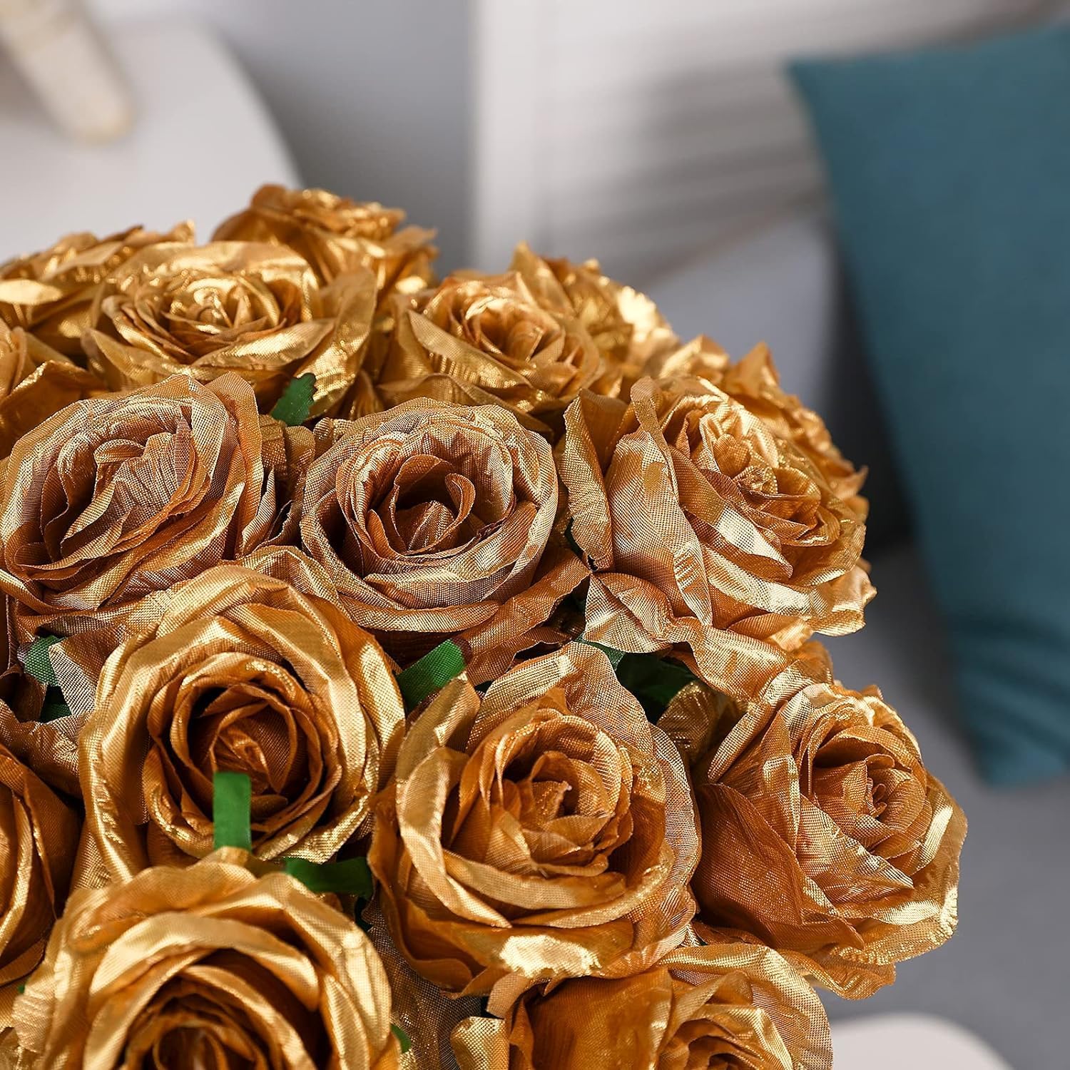 Gold Fake Roses Artificial Flowers - 16 Pcs Fake Artificial Roses Silk Flowers with Stems for Home Wedding Hotel Office Centerpiece Decor