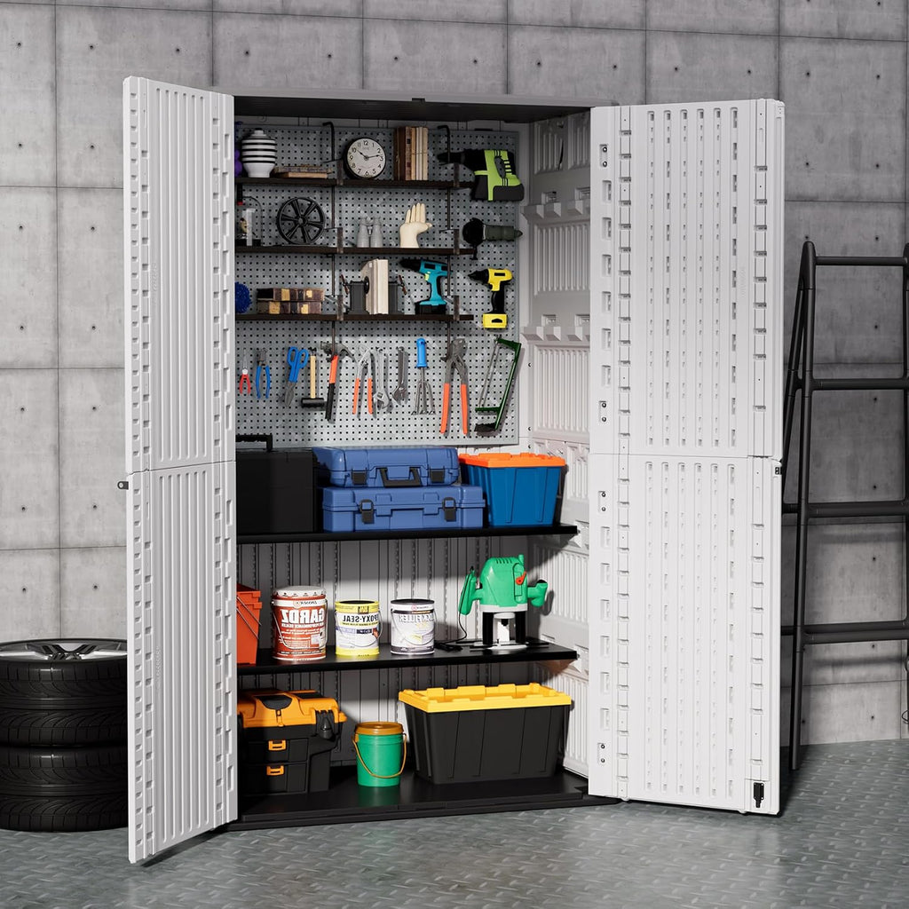 ZZM Resin Outdoor Storage Shed, 67 Cu.ft Vertical Resin Tool 4x6 FT Cabinet w/o Shelf for Garden, Patio, Backyard, All-Weather Outdoor Plastic Storage Clearance, Lockable with Floor (Light-White)