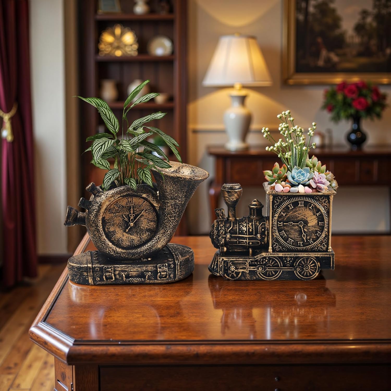 Retro-Style Succulent Pots with Drainage, Indoor/Outdoor Planter, Nostalgic Cactus/Bonsai Garden Pots for Home Decoration and Office Desk Decoration, Vintage Artwork (2 Piece Set) (Bronze-Colored)