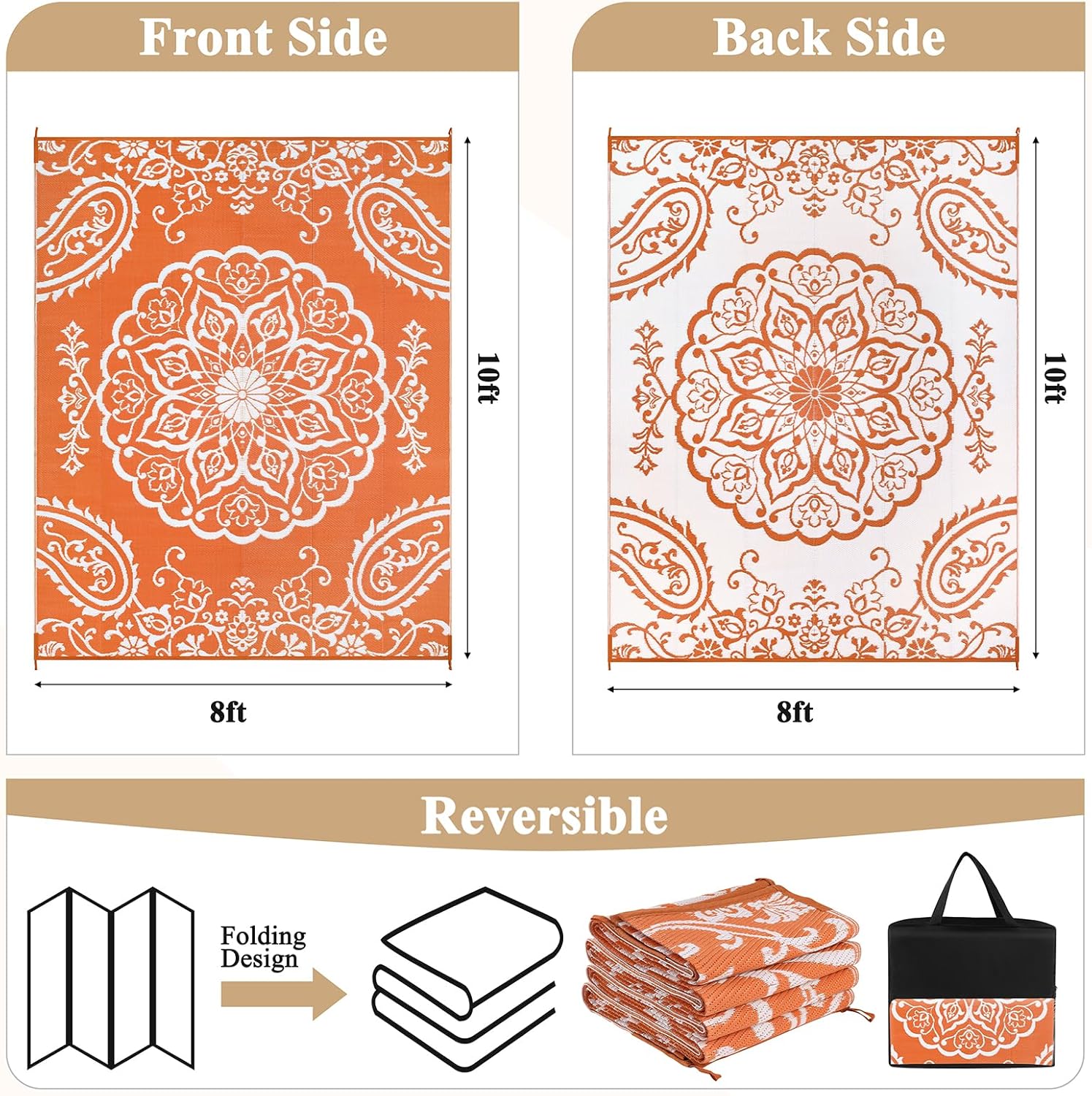 Pauwer Waterproof Outdoor Rug 8x10, Reversible Plastic Straw Patio Camping Rug, Indoor Outdoor RV Mat Carpet for Deck, Camper, Porch, Balcony, Backyard, Picnic, Boho Orange