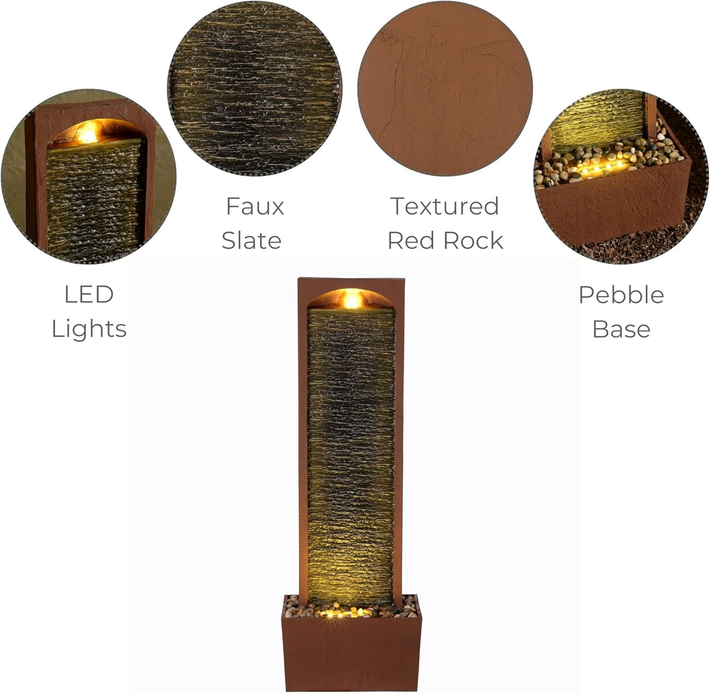 Teamson Home 38.5" Faux Slate Contemporary Outdoor LED Waterfall Fountain with Pebble Base, Red Rock