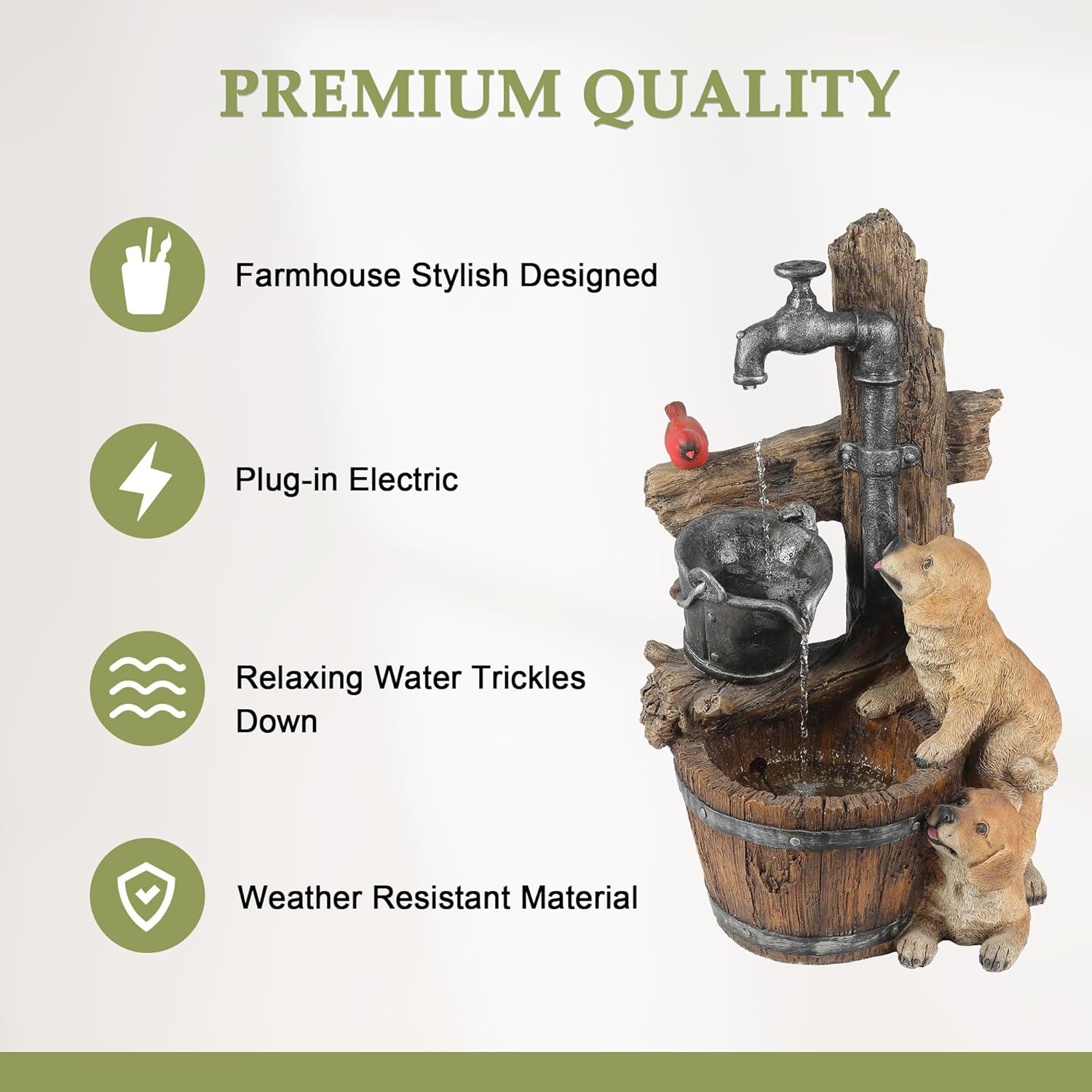 LuxenHome Water Fountain Outdoor, 30" Rustic Outdoor Water Fountain with LED Lights, Rustic Barrel Puppy and Pump Water Feature Outdoor, Garden Fountains Outdoor Patio, Porch, or Indoor Entryway