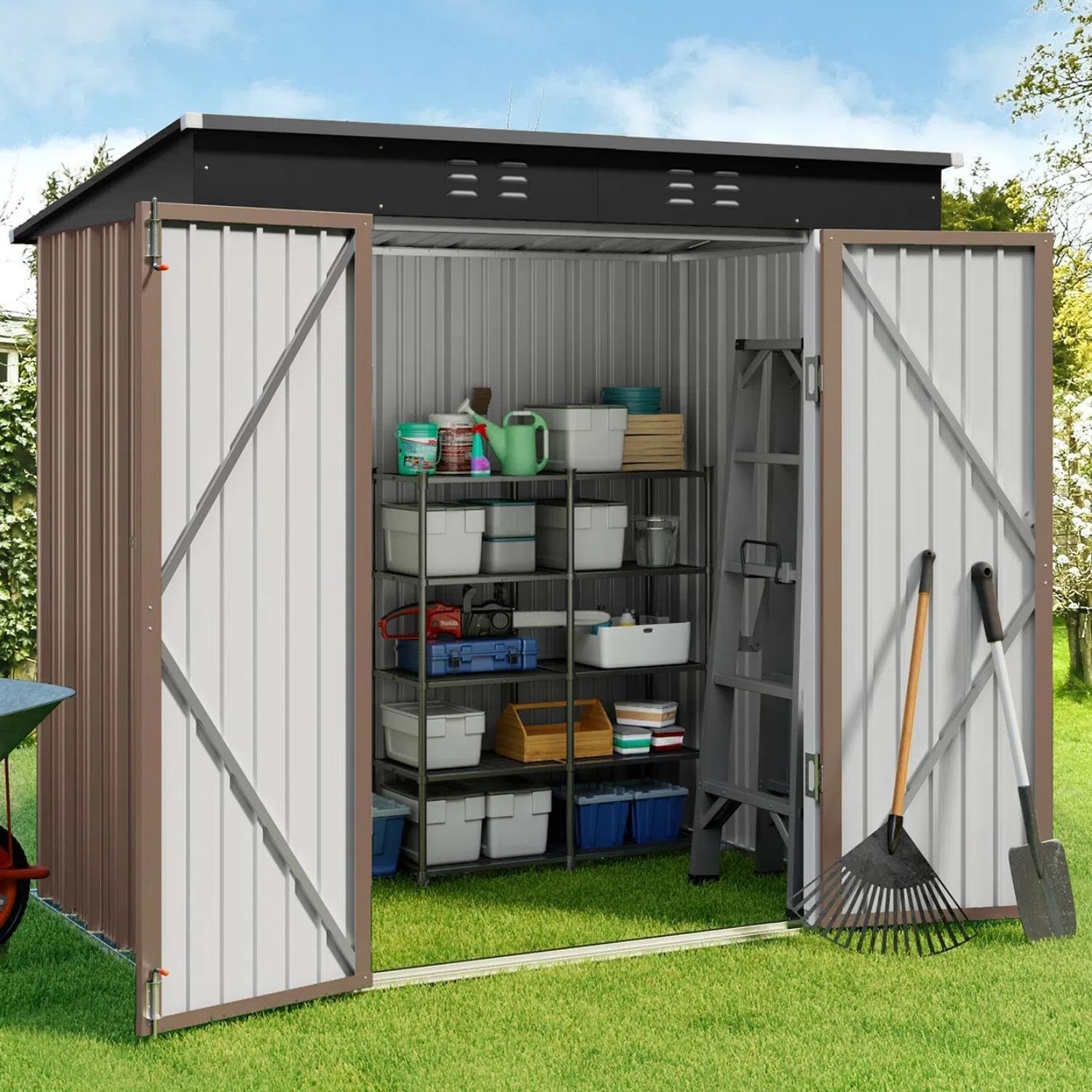 Gizoon 6' x 4' Outdoor Storage Shed with Double Lockable Doors, Anti-Corrosion Metal Garden Shed, Waterproof Shed Outdoor Storage Clearance for Backyard Patio Lawn-Brown