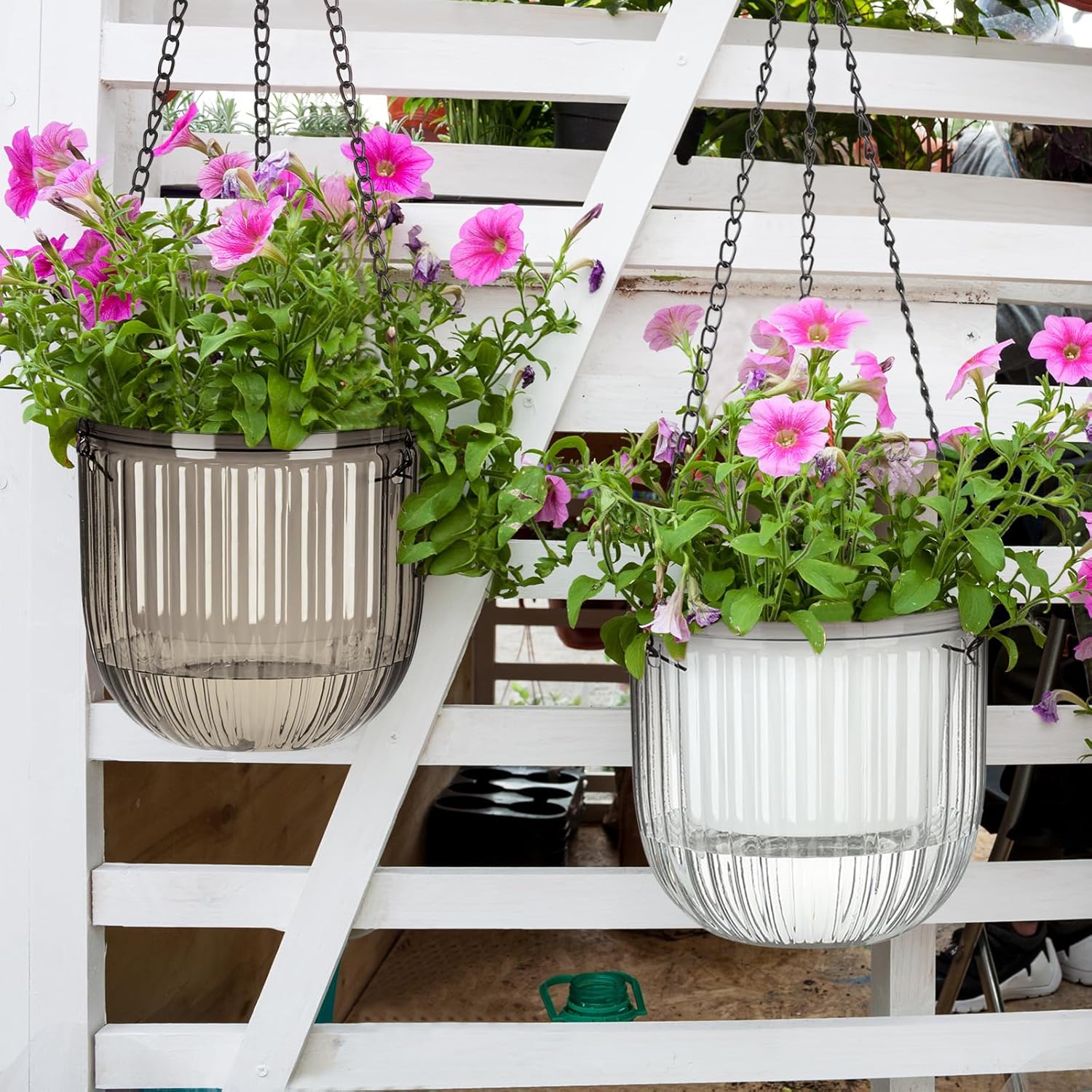 Maxcheck 4 Pcs Self Watering Hanging Planters Indoor Gift 6.5'' 4.5'' Hanging Flower Pots Baskets Outdoor Self Watering Plant with 3hooks Drainage Holes for Home(Grey,Clear)