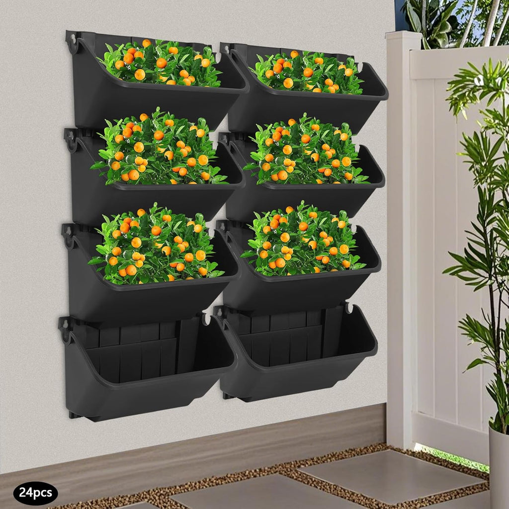 Eapmic Vertical Wall Planter with 24 Pots, Hanging Garden Plant Flowerpot Holder, Stackable Wall-Mounted Planter, Balcony Planters for Flowers Vegetables Fruits (Black, 24 Pots)