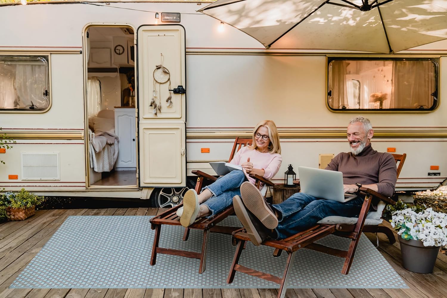 Mad Mats Geometric Outdoor Rug, Reversible Plastic Mat (6' x 9', Basket Weave - Sand/Aqua)