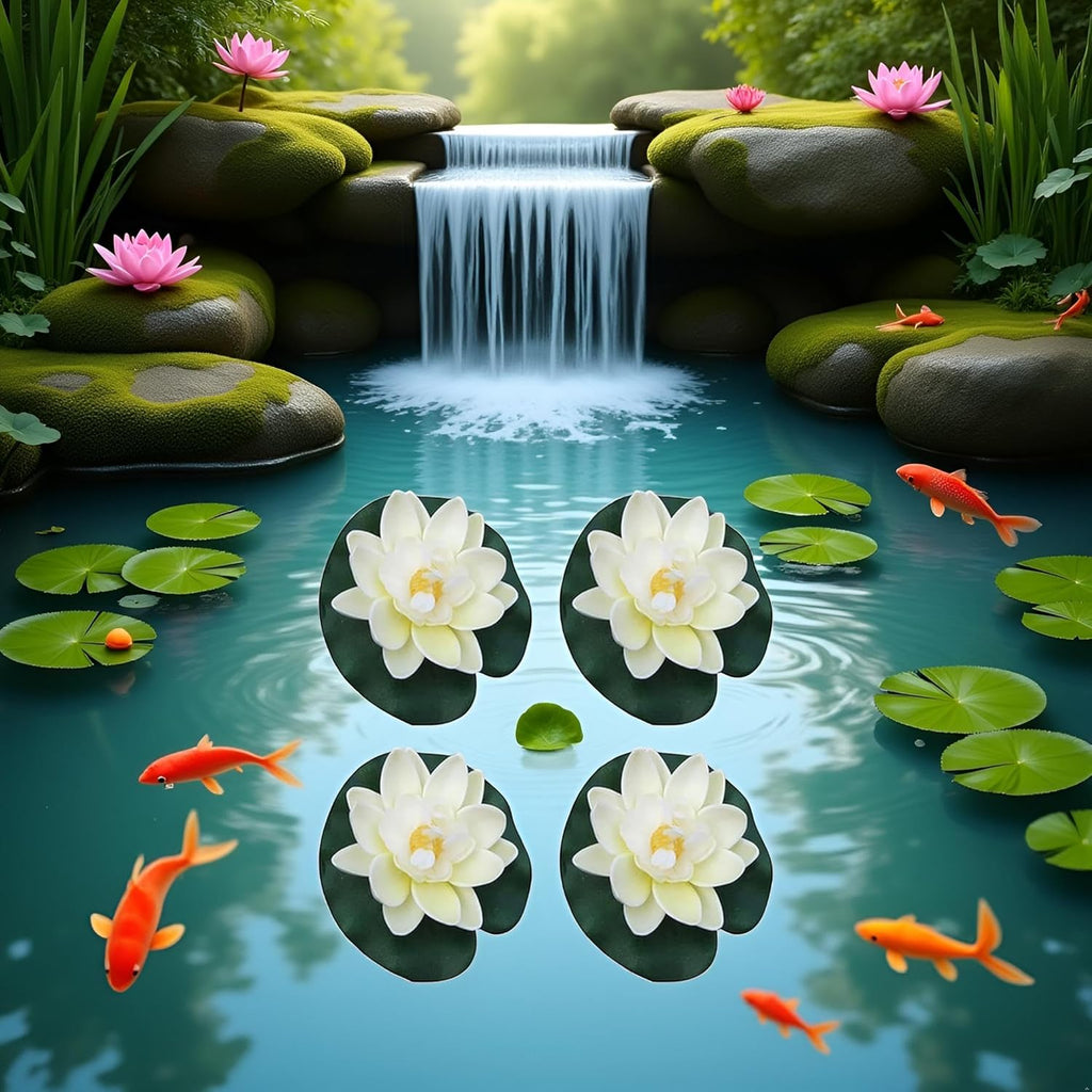 4 Pieces Artificial Floating Lotus Flowers with Lily Pads, Decorative Foam Water Plants for Pond, Pool, Garden Fish Tank Aquarium Home Garden Special Decoration Outdoor Décor,Artificial Flowers