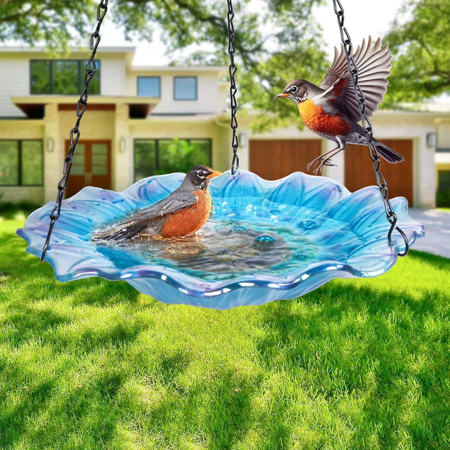 VCUTEKA Bird Bath, Glass Hanging Bird Baths for Outdoors Birdfeeder with 21 inch Rust-Proof Chain for Garden Yard Decor, Blue Daisy