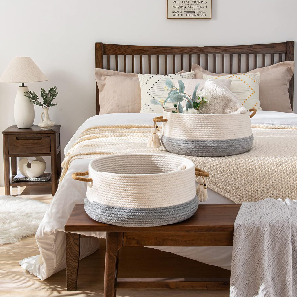 KAKAMAY Woven Baskets for Storage(16"x8"),Blanket Basket for Organizing Living Room,Cotton Rope Basket Woven Baby Laundry Hamper,Collapsible Laundry Room Organization,Clothes,Toy Chest(Grey)