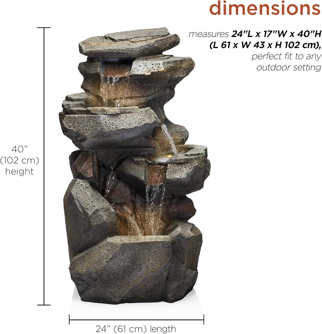 Alpine Corporation WIN1184 40" 3-Tier Outdoor Rock Waterfall Floor Fountain with Color-Changing LED Lights, Cascading Water Feature for Gardens, Patios, and Yards, Gray