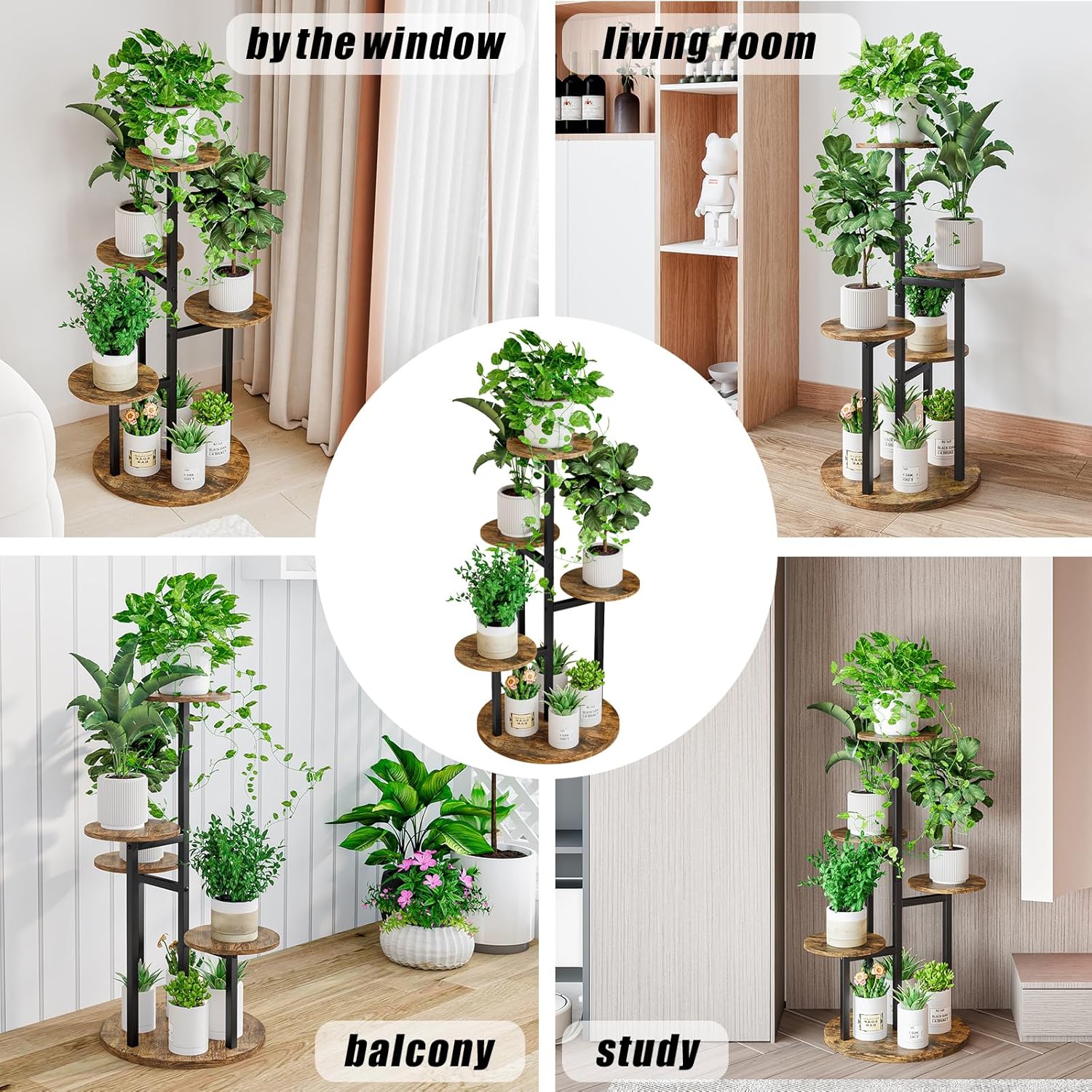 Plant Stand Indoor 5 Tier 8 Potted Multiple Flower Pot Holder for Patio Garden Balcony Living Room Corner (5 Tier Black+Rustic Brown)