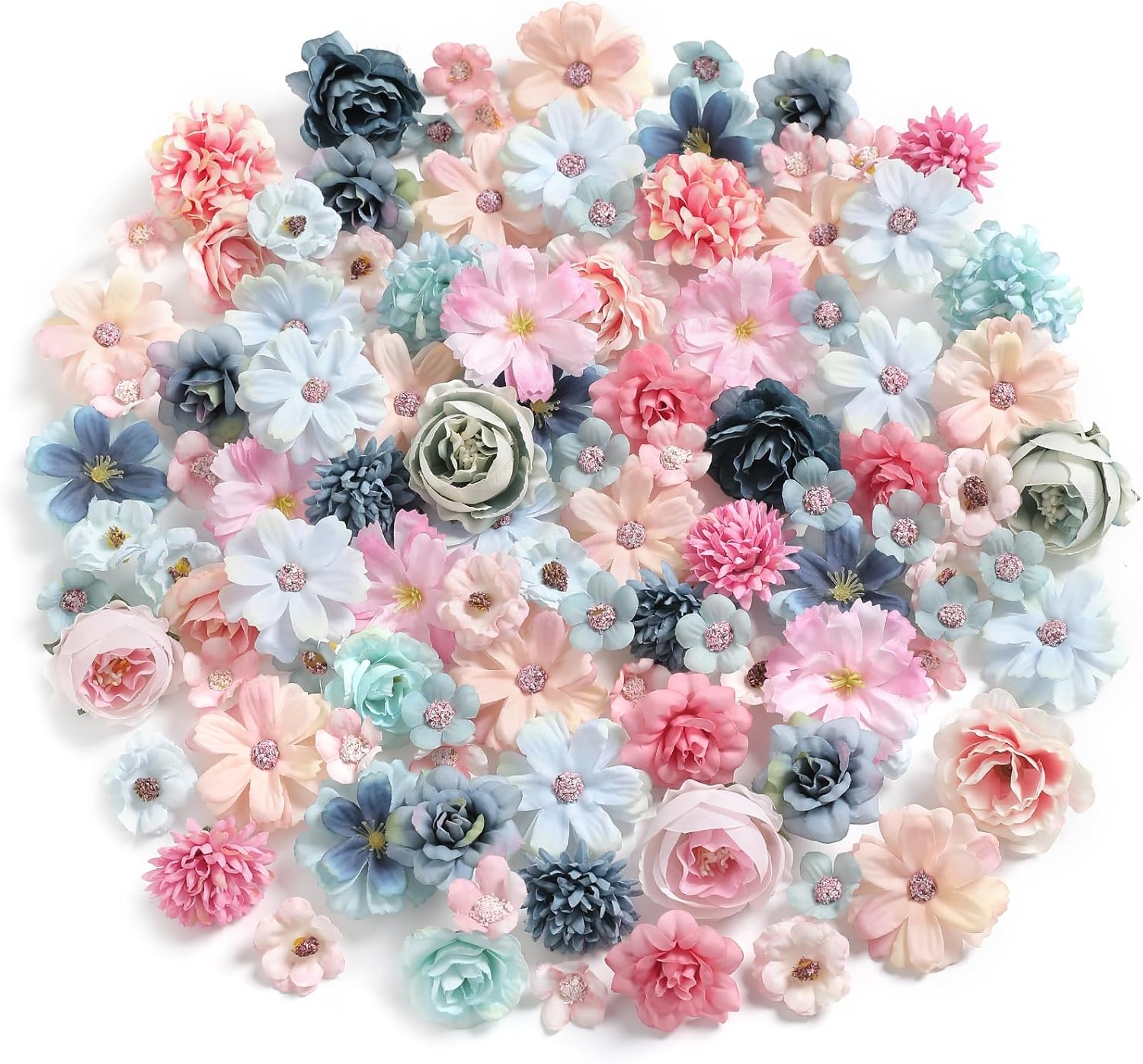 Faux Flower Heads Small Silk Artificial Flower DIY Fake Mini Flowers Rose Daisy Flowers Craft Supplies for Wedding Party Wreath Graduation Season Party Home Decor (125, Blue Pink)