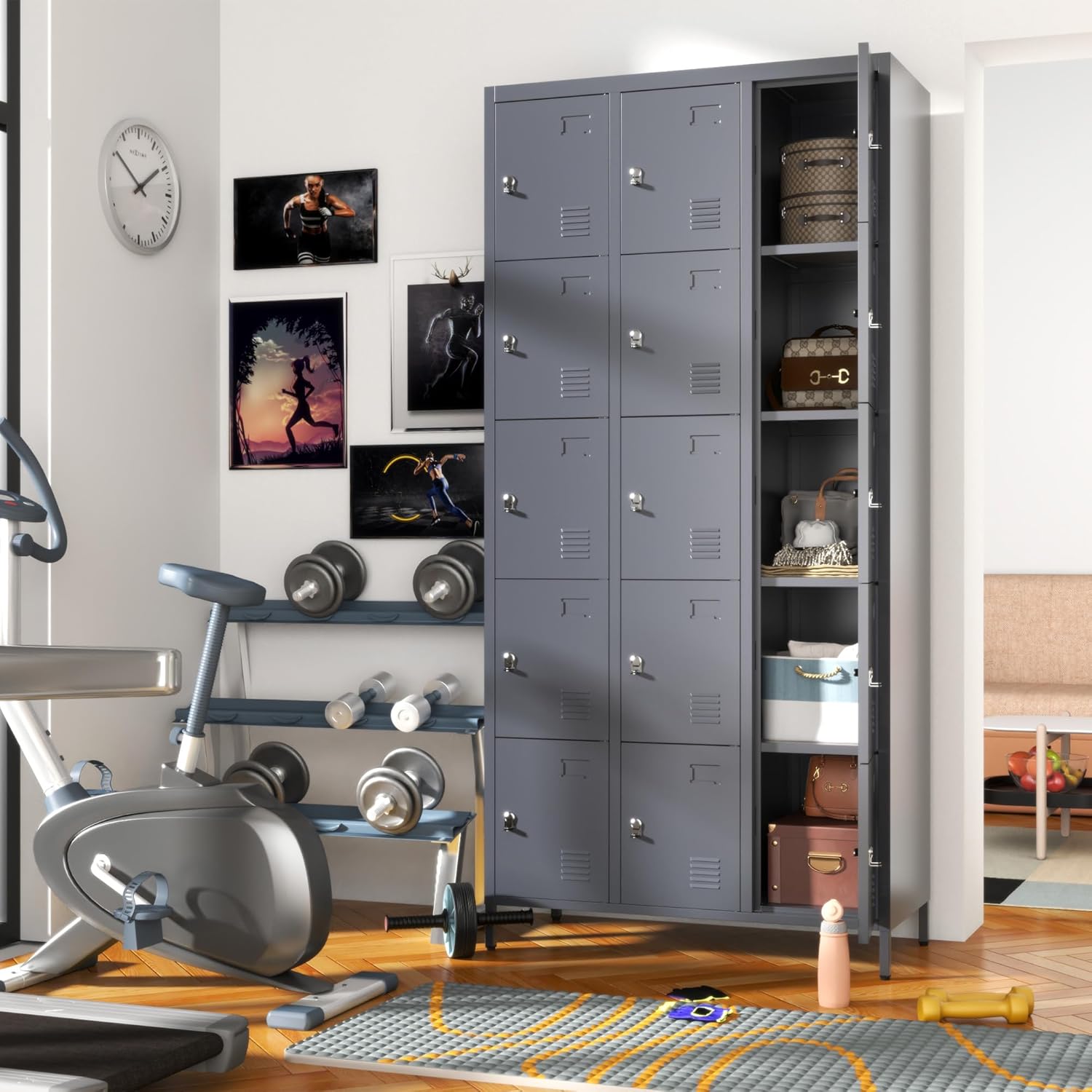 Metal Lockers for Employees, Storage Employee Locker, 72" Storage Lockers with Shelves Steel Cabinet for Home (Gray, 15 Door)