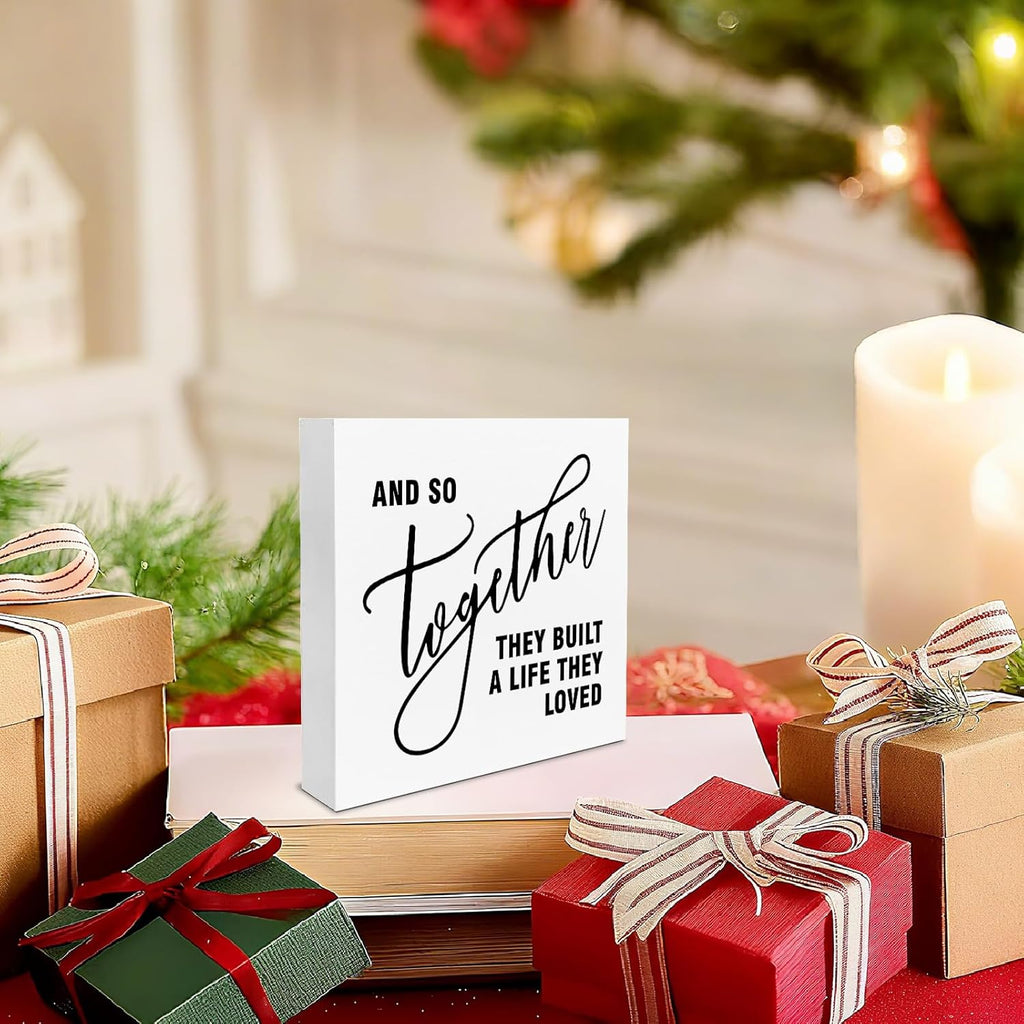 Family Decor, Together They Built A Life Rustic Farmhouse Wooden Box Sign, Family Home Decorations for Living Room Bedroom Desk Table Shelf