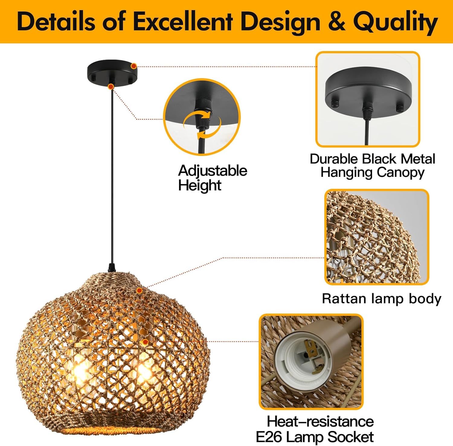 13.79" Rattan Pendant Light, Boho Handmade 2-Light Wicker Chandelier, for Kitchen Island, Bedroom, Dining Room, Entryway, Foyer