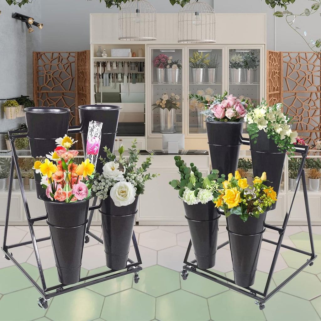 Flower Display Stand, 3-Layer Heavy-Duty Mobile Plant Cart shelve with Wheels, with Plastic Buckets, Easy to Install, Suitable for Indoor and Outdoor Balcony Courtyard Garden Art Exhibitions