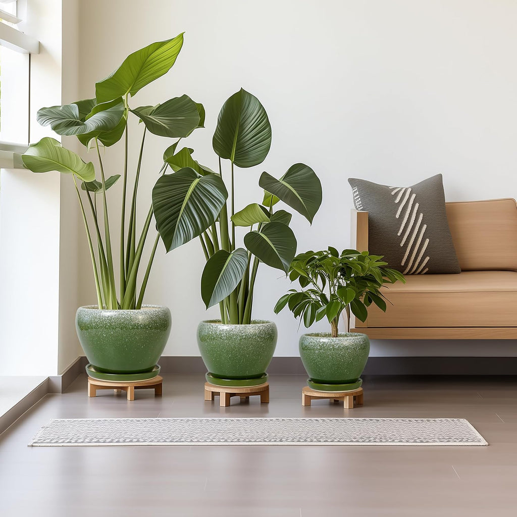 Ceramic Pots for Plants, 10+8+6 Inch Round Decorative Planters for Indoor Outdoor with Drainage Holes and Saucers, Office Garden Room Patio Decor, Gifts for Plant Lovers, Set of 3, Green