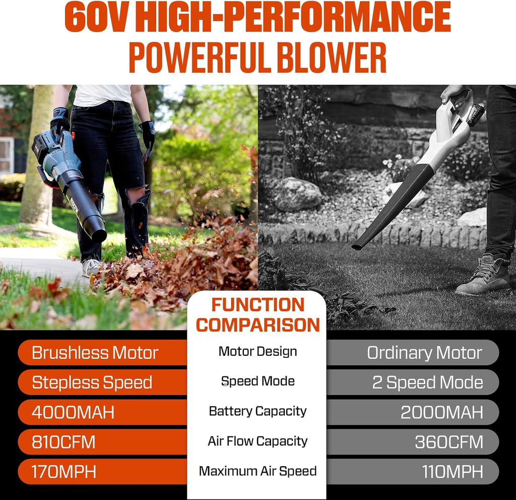 SENIX Leaf Blower Cordless, 60V Max 1300W Brushless Electric Leaf Blowers, 810 CFM & 170 MPH, Stepless Speed, Cruise Control, 60V 4.0Ah Battery & Charger Included,Blowers for Lawn Care, Yard, Garden