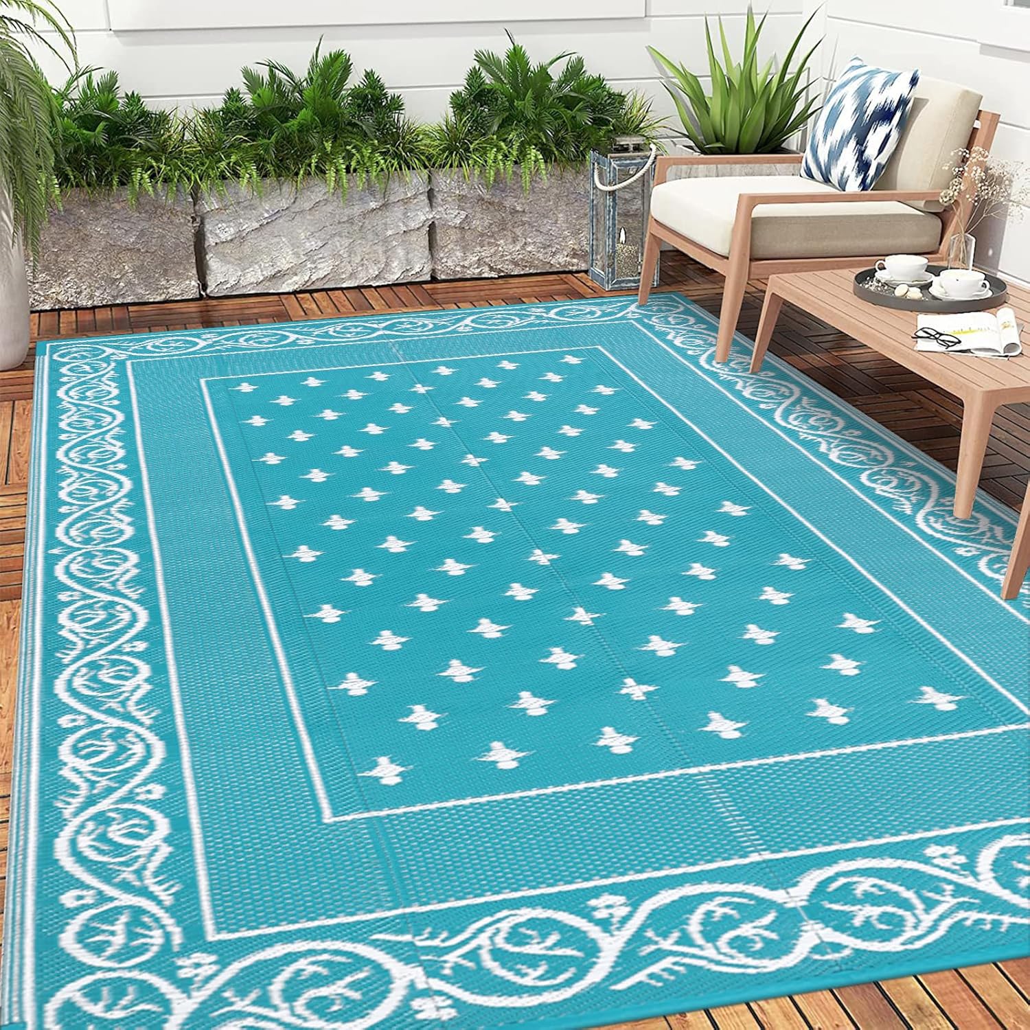 Pauwer Waterproof Outdoor Rug 8x10, Reversible Plastic Straw Patio Camping Rug, Indoor Outdoor RV Mat Carpet for Deck, Camper, Porch, Balcony, Backyard, Picnic, Bordered Teal