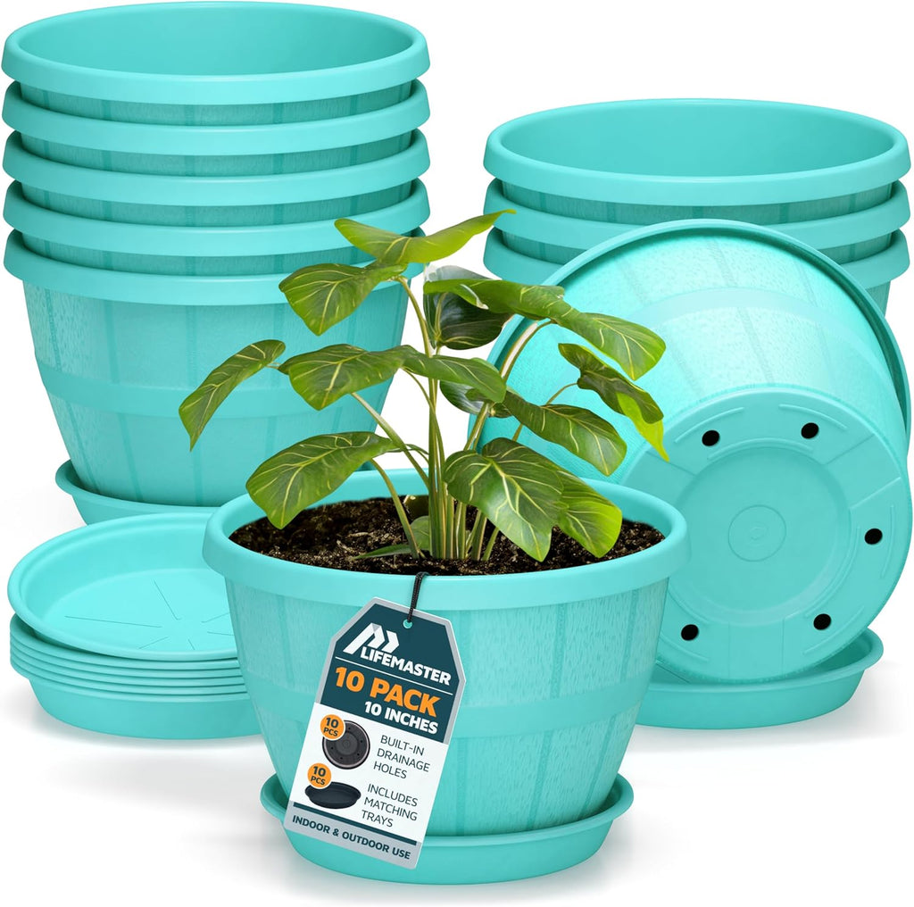 10-Inch Whiskey Barrel Planters Outdoor Pack of 10 - Durable Plastic Plant Pots for Indoor & Outdoor Use with Drainage & Saucer, Lightweight Rustic Barrel Planters for Flowers, Herbs & Small Plants