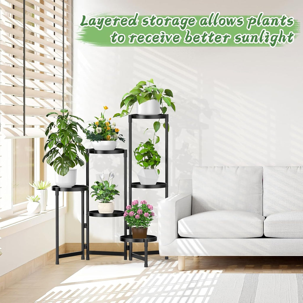 MOKANI Metal Plant Stand Indoor Outdoor for Multiple Plants, 6 Tiered Folding Corner Shelf Tall Flower Pot Holder Display Rack for Patio Living Room Balcony Garden, Black