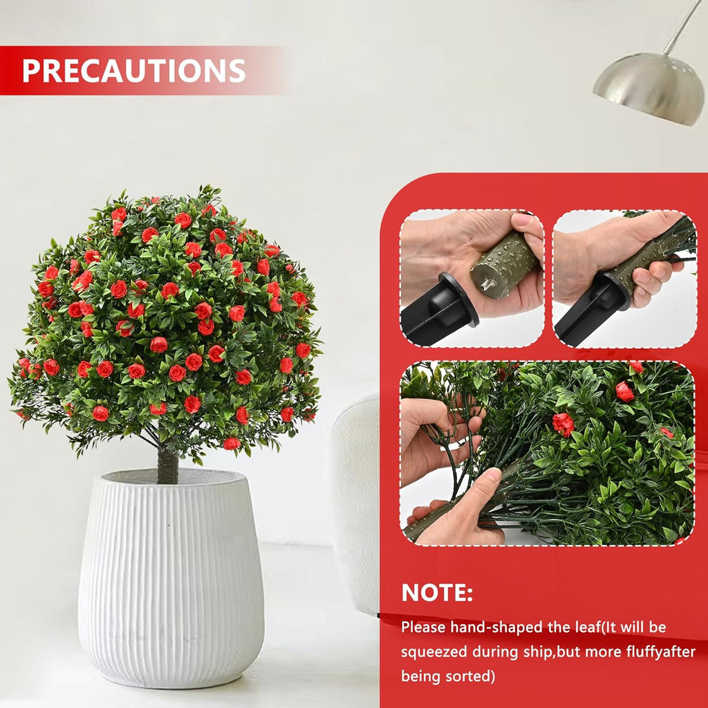 28" Artificial Boxwood Topiary Tree with Rose, Set of 2 Artificial Shrub Bushes with Ground Spike, Fake Evergreen Tree for Porch, Artificial Plants for Outdoor Planters Indoor UV Resistant