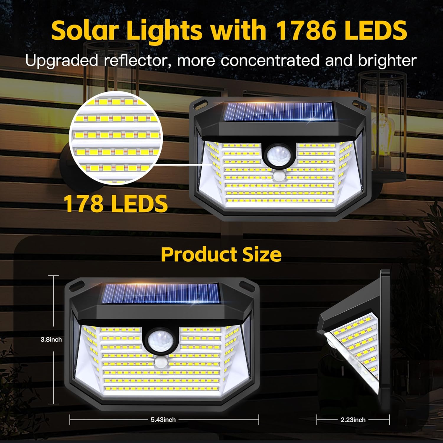 Solar Lights Outdoor Motion Sensor, 178 LED 300LM Waterproof IP65, Wall Mounted Security Light with 3 Modes, 270° Wide AngleWide Angle, Solar Powered for Garden, Yard, Patio, Front Door(8Pack)