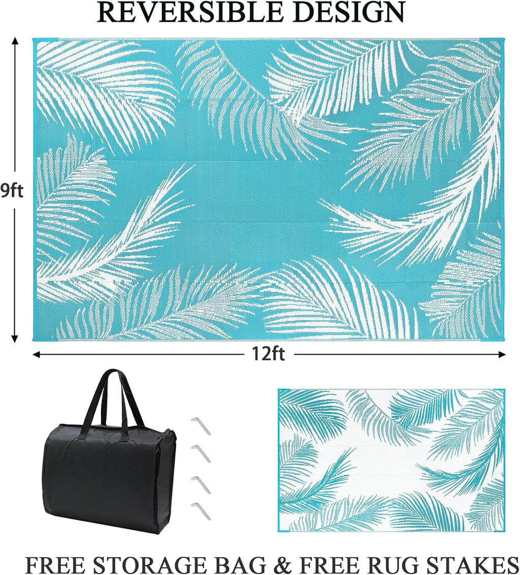 Pauwer Waterproof Outdoor Rug 9x12, Reversible Plastic Straw Patio Camping Rug, Indoor Outdoor RV Mat Carpet for Deck, Camper, Porch, Balcony, Backyard, Picnic, Leaf Teal