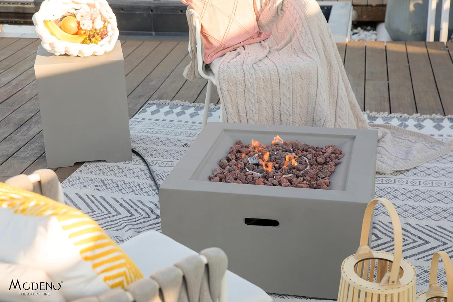 AMS Fireplace | Modeno Ridgefield Package | Light Gray Liquid Propane Gas Fire Pit Table for Outside Patio Bundle with Tank Cover, Wind Guard, SS Burner Lid | Free Ice Bucket & Rubber Mat