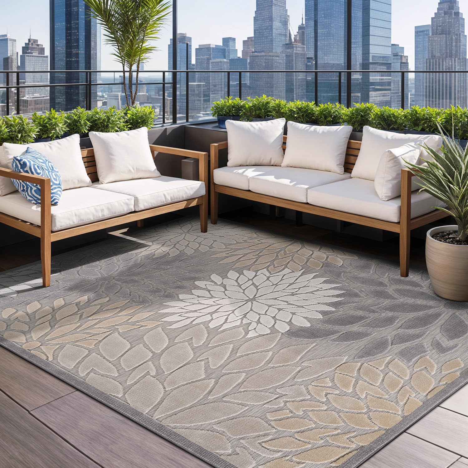 Beverly Rug Outdoor Rug 6x9 Modern Floral Tropical Area Rugs for Indoor and Outdoor Patio Easy to Clean Non Shedding Living Room Porch Garden Washable Outside Carpet (6 x 9 Gray)