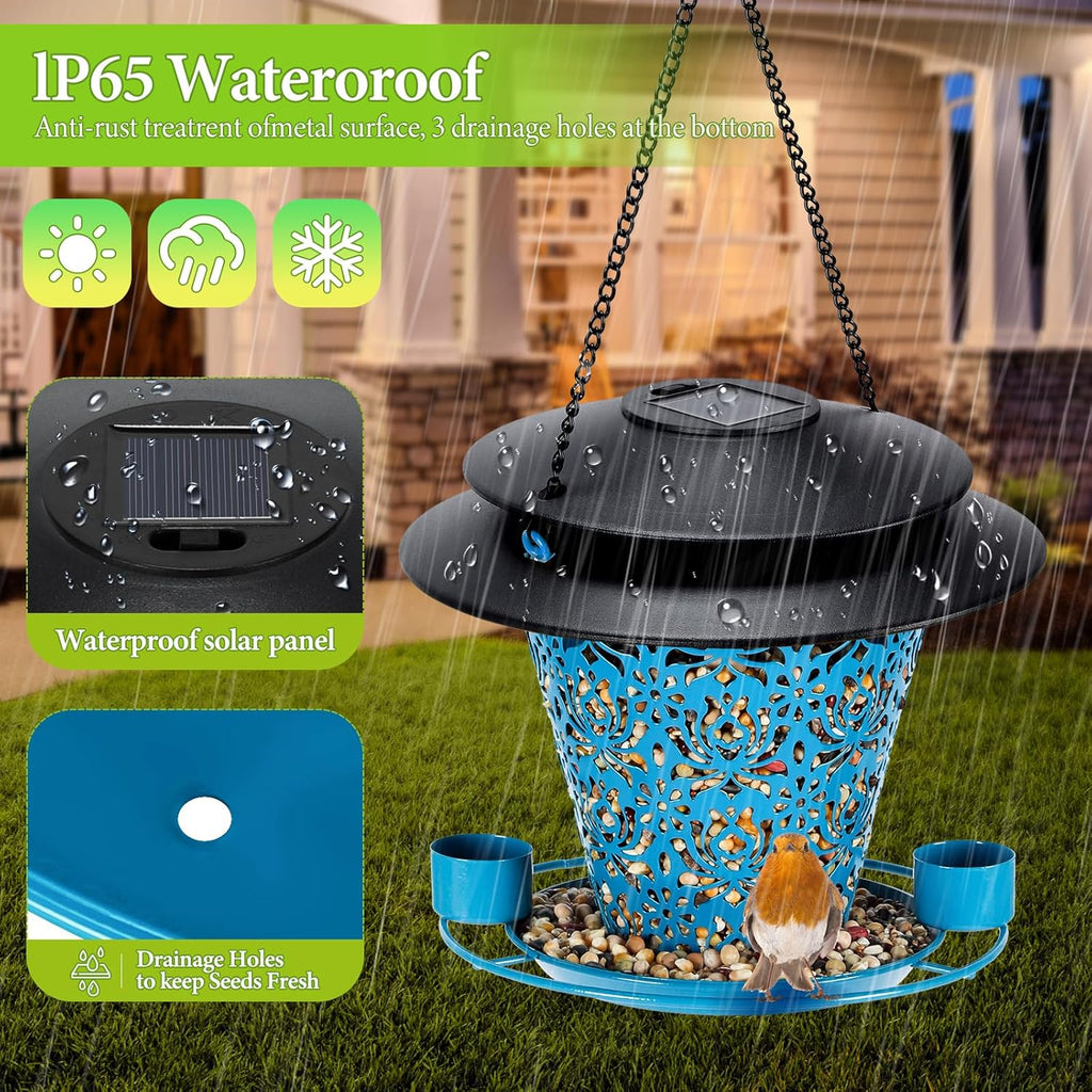 Solar Bird Feeders for Outside Hanging Metal Wild Bird Feeder Solar Lanterns Outdoor Waterproof Garden Decor for Yard Blue