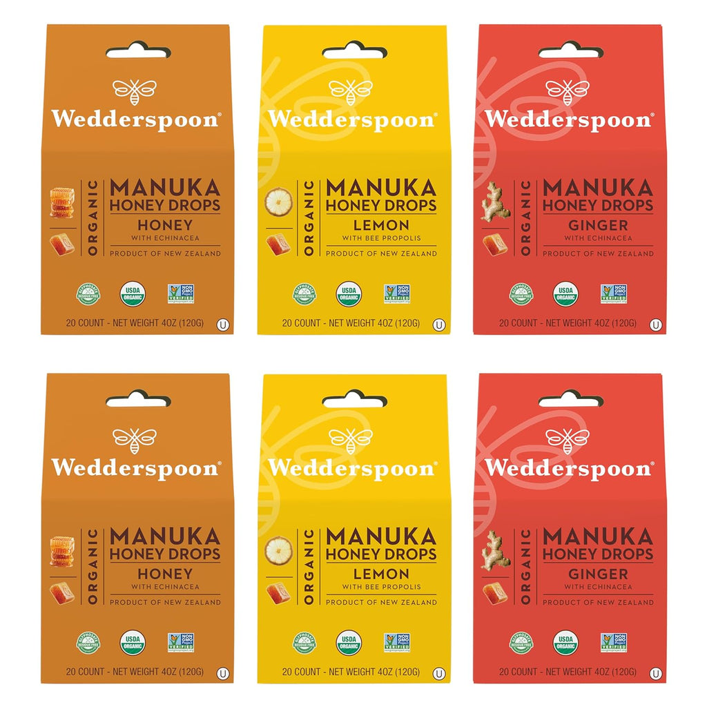 Wedderspoon Organic Manuka Honey Drops, Variety Pack, 4 Oz (Pack of 6) - Genuine New Zealand Honey - Perfect Remedy For Dry Throats