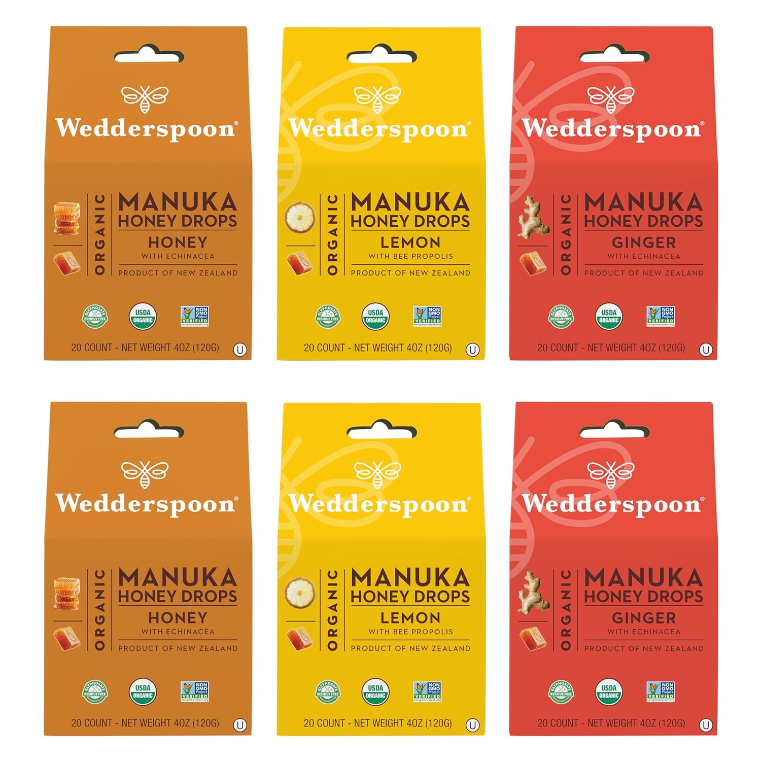 Wedderspoon Organic Manuka Honey Drops, Variety Pack, 4 Oz (Pack of 6) - Genuine New Zealand Honey - Perfect Remedy For Dry Throats