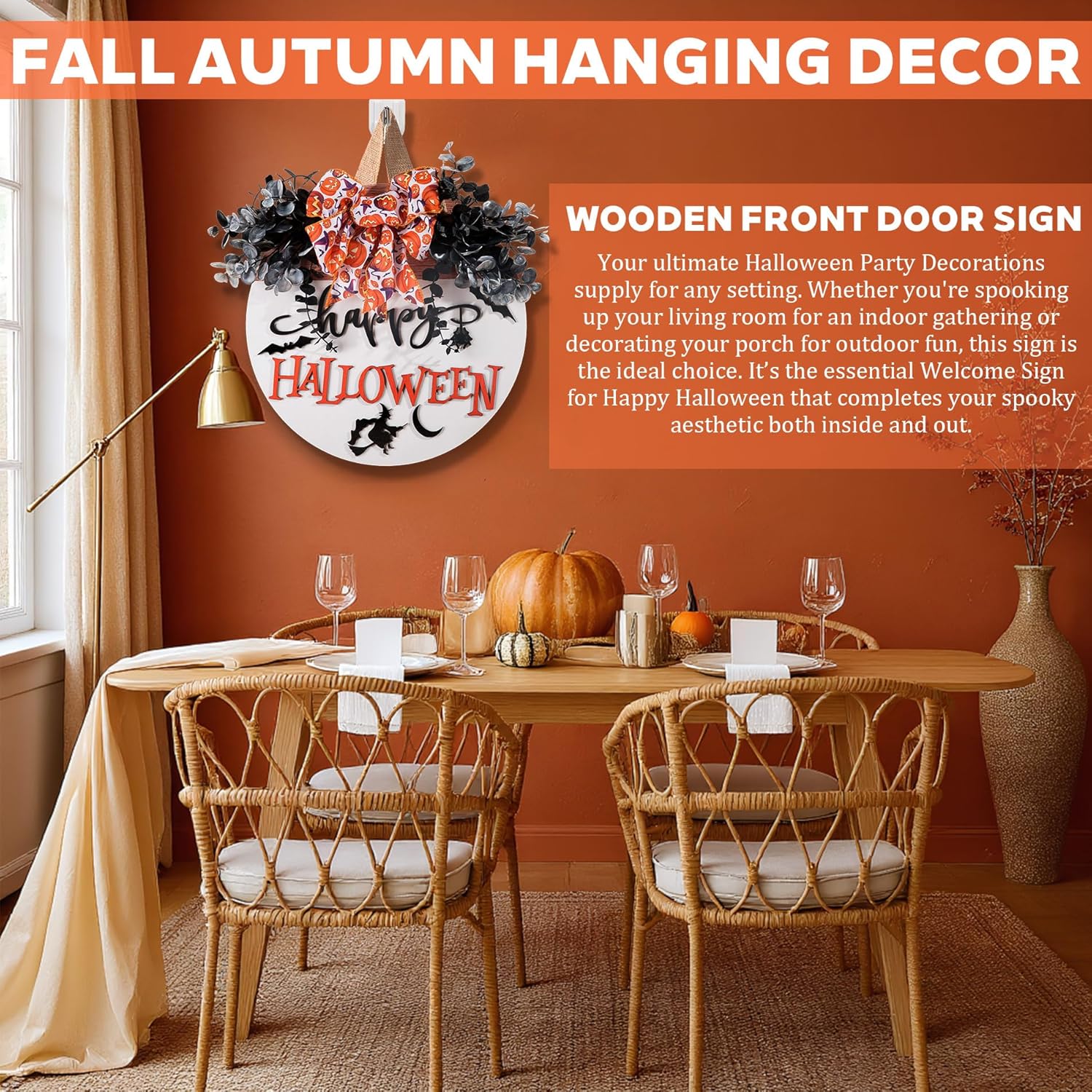 Halloween Door Hanger Sign Wooden Welcome Decor with Bat - Fall Wreaths for Front Door Hanging Decorations for Happy Halloween Party Indoor Outdoor Wall Decor Supply