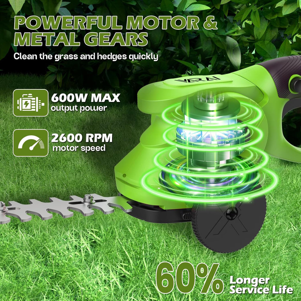 Cordless Hedge Trimmer, 2-in-1 Hedge Trimmer, Ultra Long Battery Life with Battery*2, high-Power and high-Capacity Grass Trimmer for Gardens, Yards and lawns, Including Charger