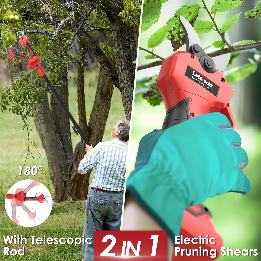 Electric Pruning Shears with Telescopic Rod, 50mm 1.96" Cutting Diameter Cordless Pruner with 2 Rechargeable Batteries, Tree Branch Cutter with SK7 Blade for Gardening Pruning