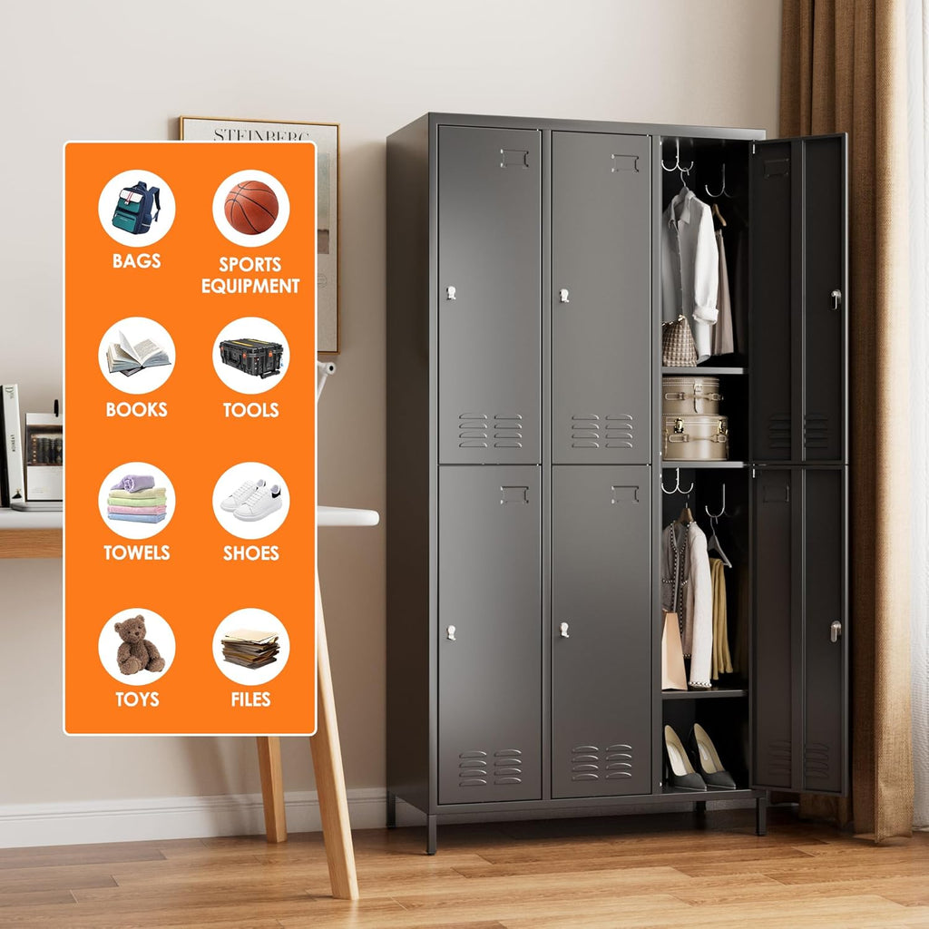 METAN Metal Locker for School Office Gym Bedroom,6 Doors Steel Storage Lockers Cabinet for Employees,Industrial Storage with 1 Shelf,Assembly Required,Black