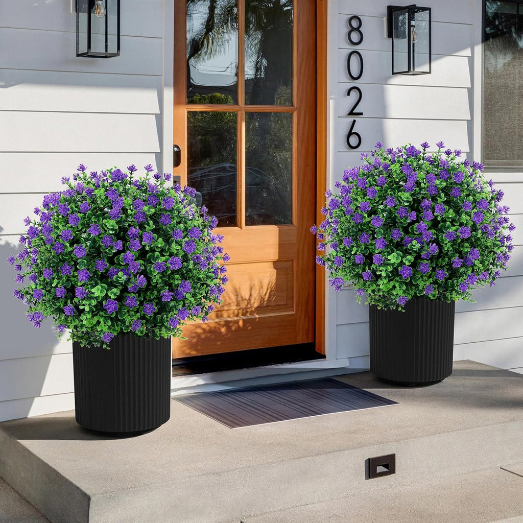 Artificial Purple flower Topiary Ball Tree 25" with Ground Spike, Set of 2 Artificial Boxwood Bushes for Faux Shrubs, Fake Evergreen Faux Plant for Indoor Outdoor Garden -UV Resistant–Fade-Proof
