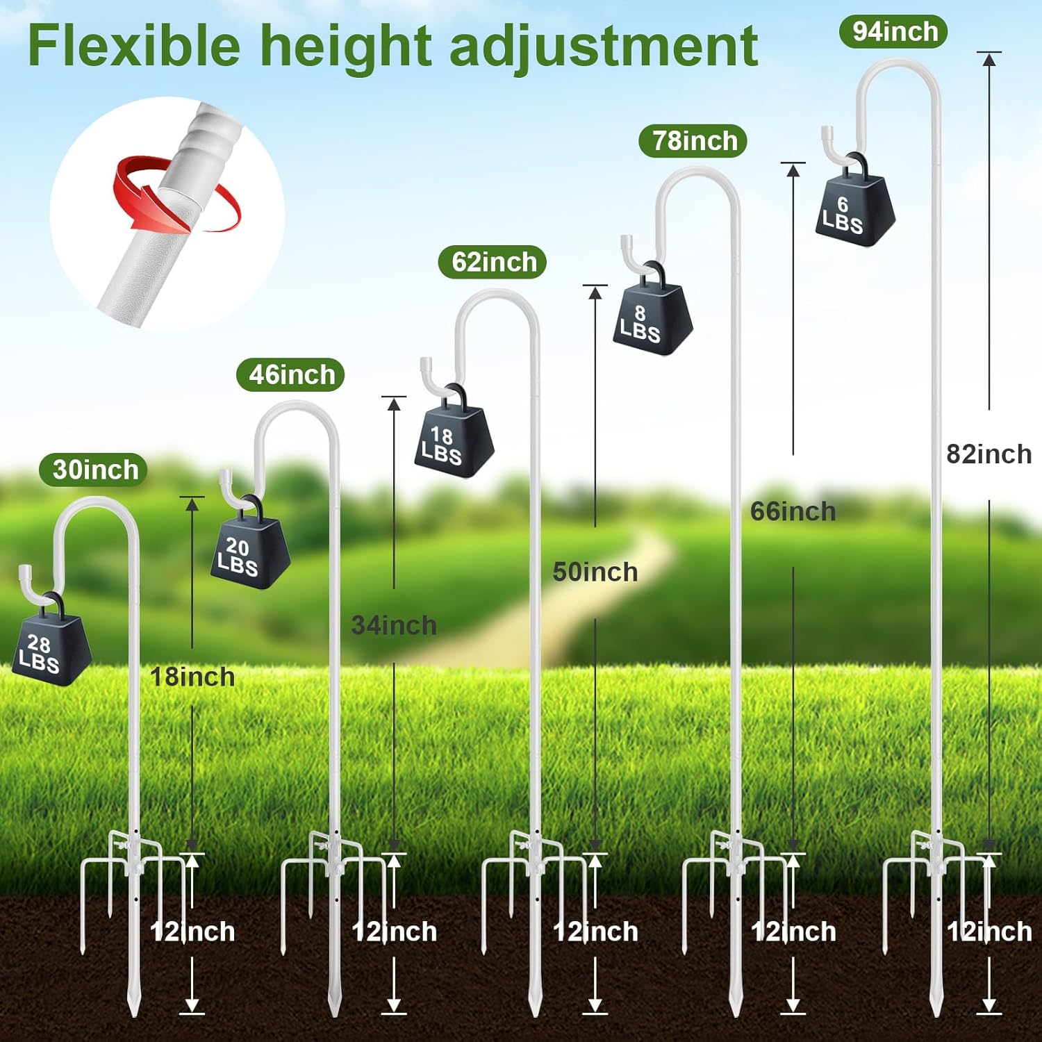 Bird Feeder Pole with Shepherds Hook - Heavy Duty Hummingbird Feeder Stand with 5 Prong,78" Adjustable Rustproof Garden Hooks Outdoor for Hanging Birdfeeder,Wind Chimes,Lanterns,Solar Lights,White
