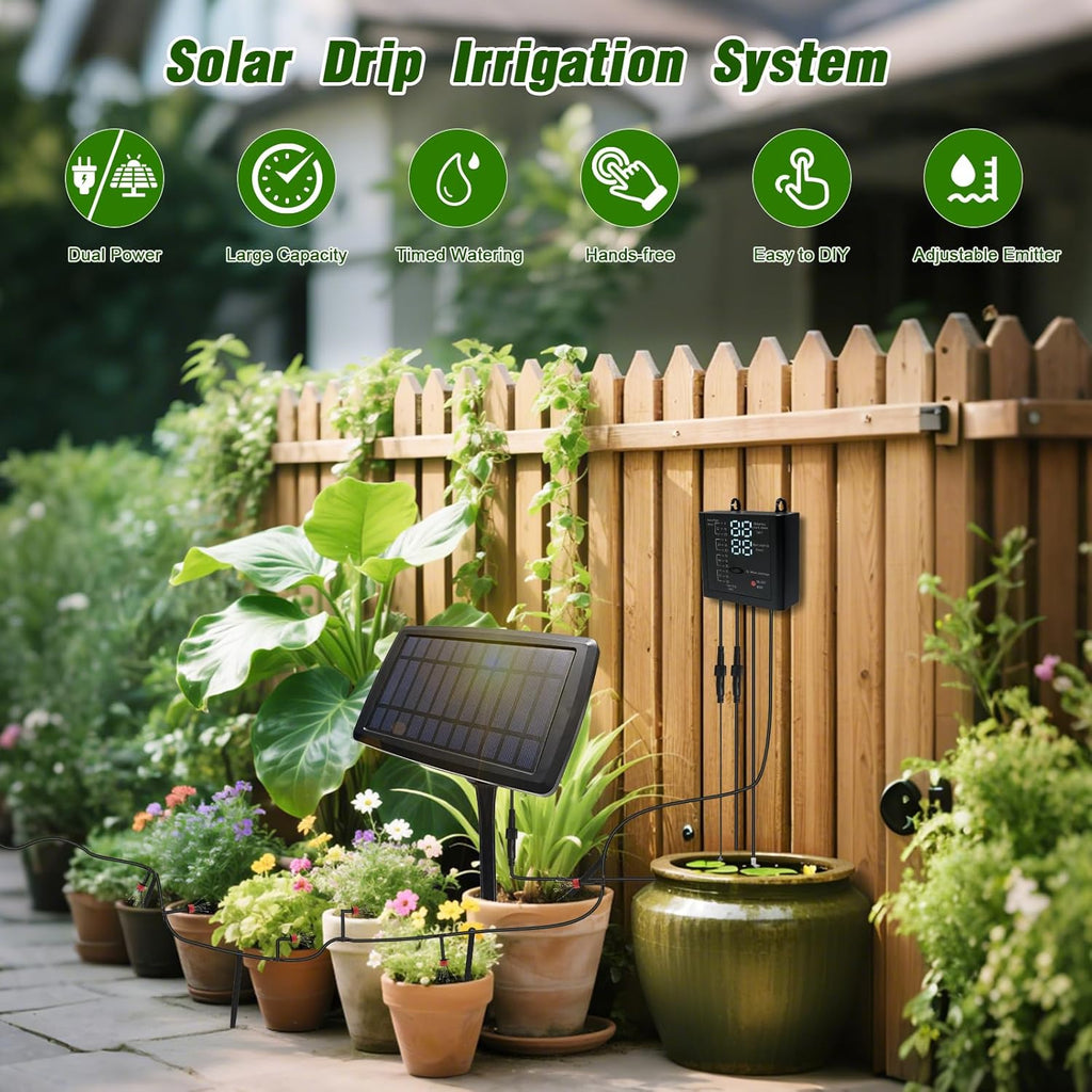 Solar Drip Irrigation System for Garden, Automatic Drip Irrigation Kits,Plants Self Watering Devices for Vacation,Solar/Battery Powered Water Pump for Potted Plants,Raised Beds,Greenhouse (15 Pots)